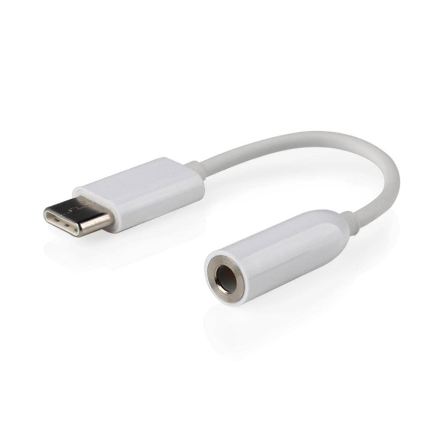 A white USB-C to 3.5mm headphone jack adapter on a white background.