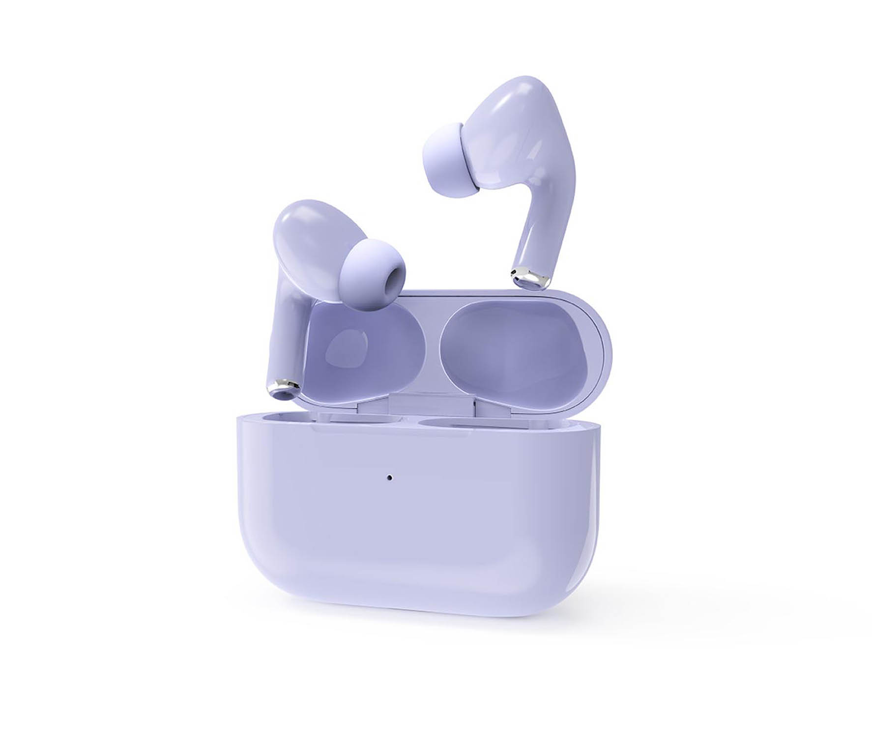 Para fioletowych słuchawek bezprzewodowych z otwartym etui ładującym.