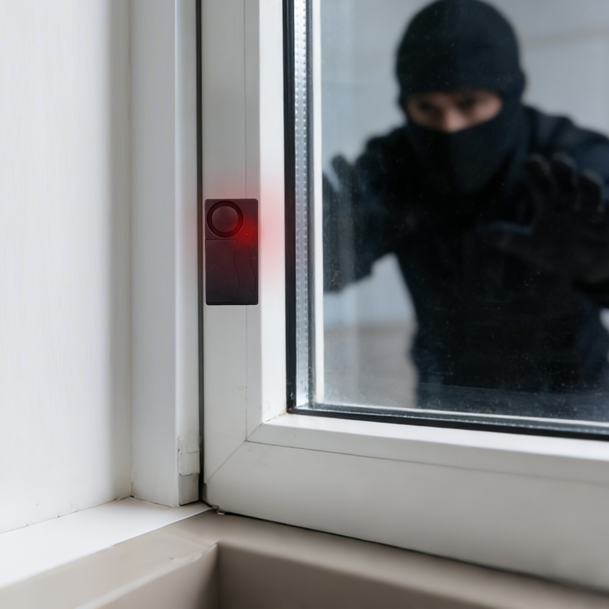 Inbreker in het zwart drukt hand tegen raam met alarmapparaat.