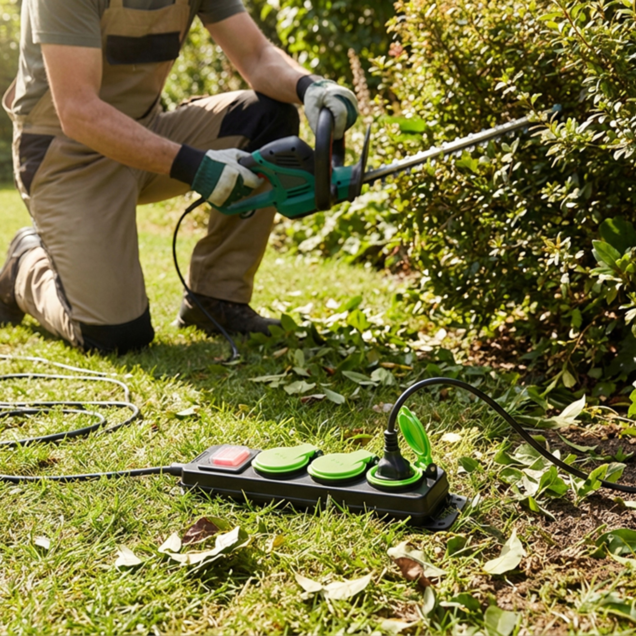 Ogrodnik przycina krzewy nożycami elektrycznymi, listwa zasilająca na trawie.