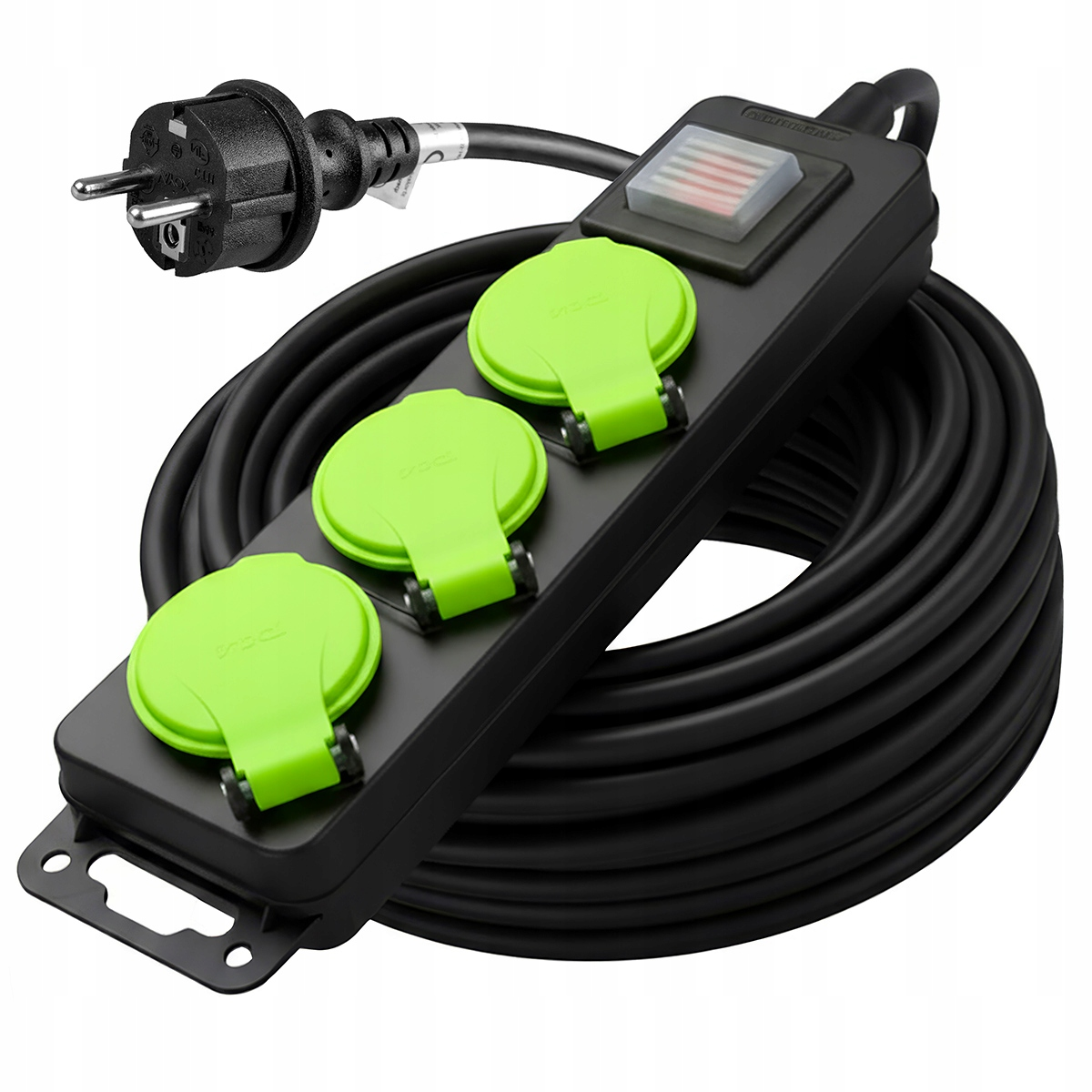 Czarny przedłużacz z trzema zielonymi osłonami gniazd i wyłącznikiem.