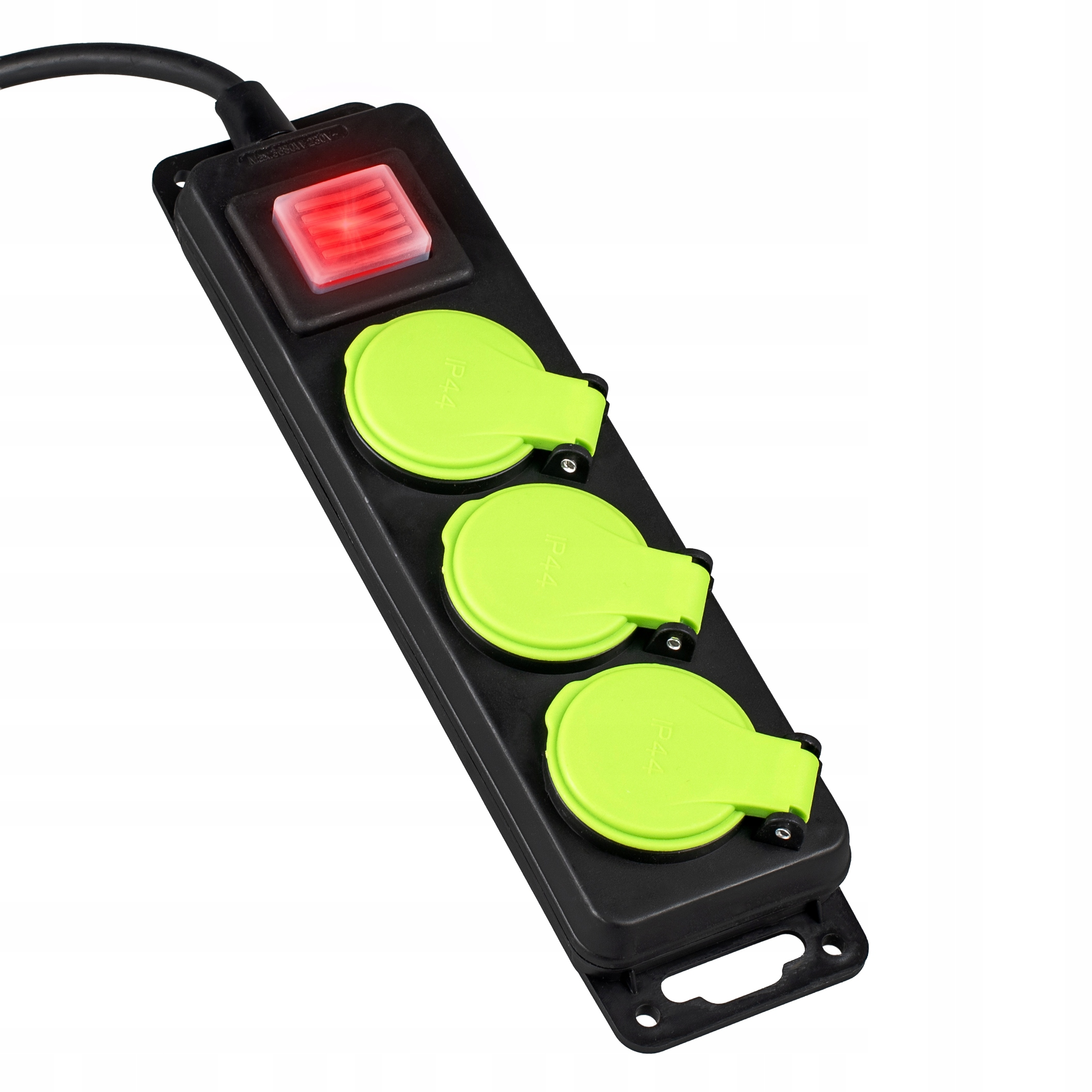 Czarna listwa zasilająca z trzema zielonymi klapkami i czerwonym włącznikiem.