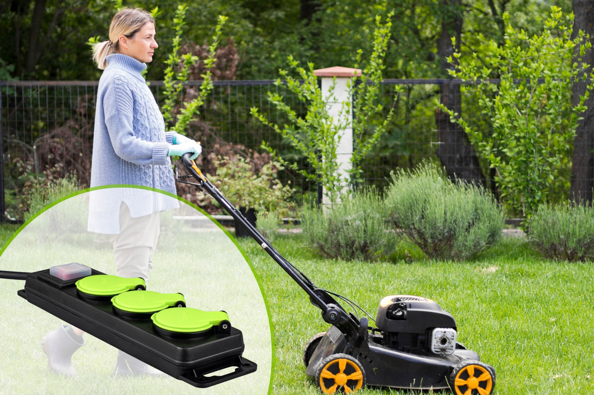 Kobieta kosi trawnik kosiarką, listwa zasilająca z zielonymi osłonami obok w ogrodzie.