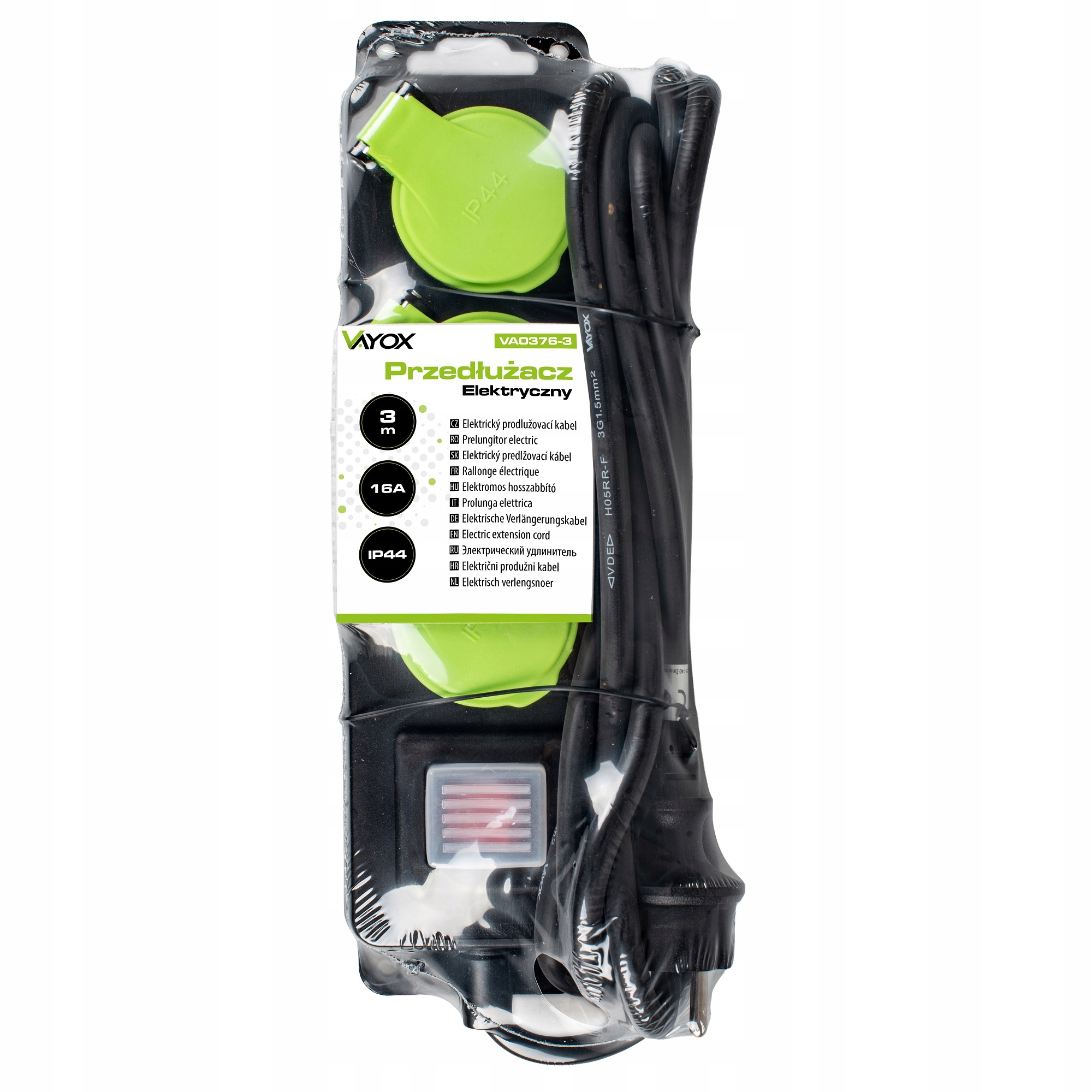 Czarny przedłużacz z trzema gniazdami, długość 3m, IP44.