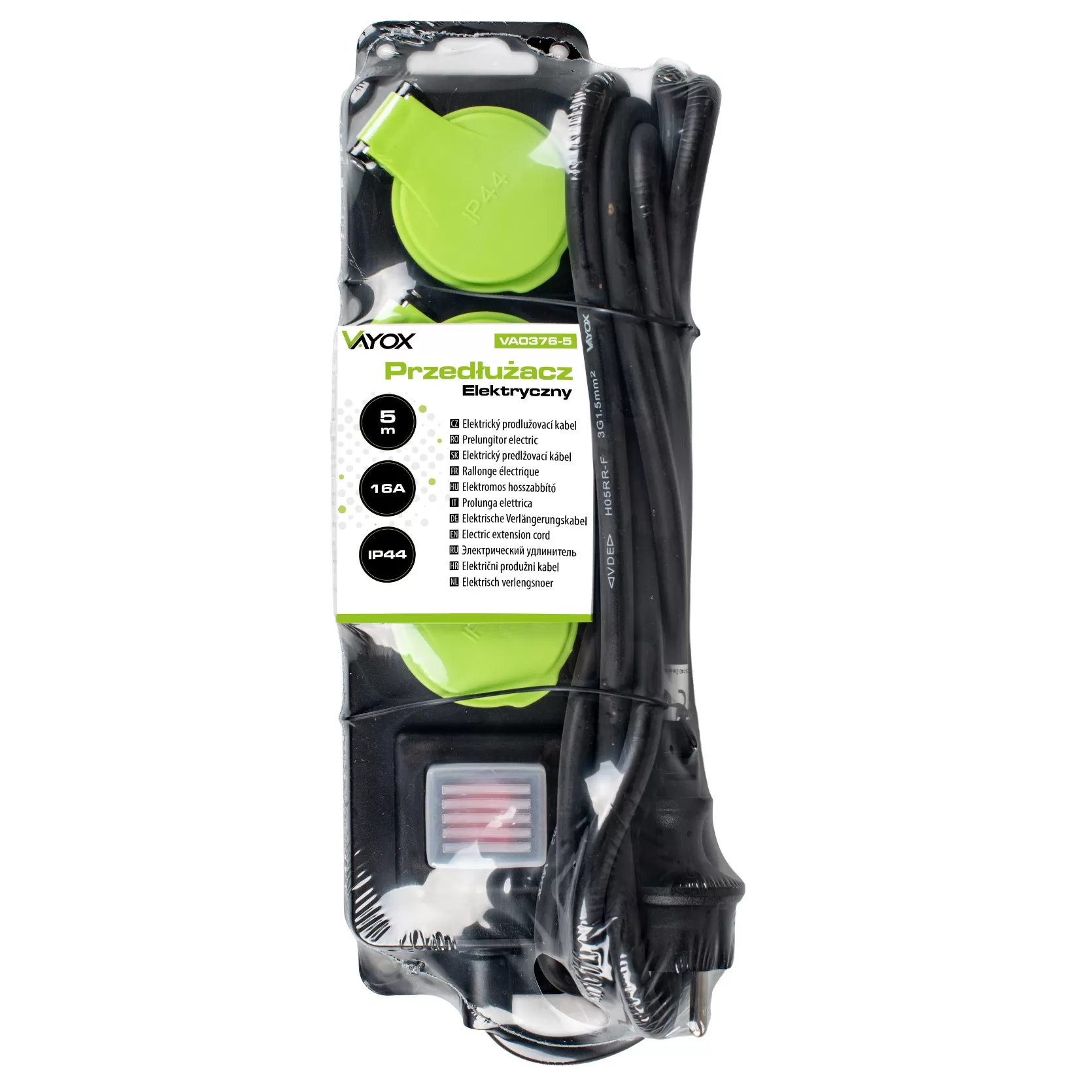 Zapakowany czarny kabel przedłużający z dwoma zielonymi gniazdami, 5m.