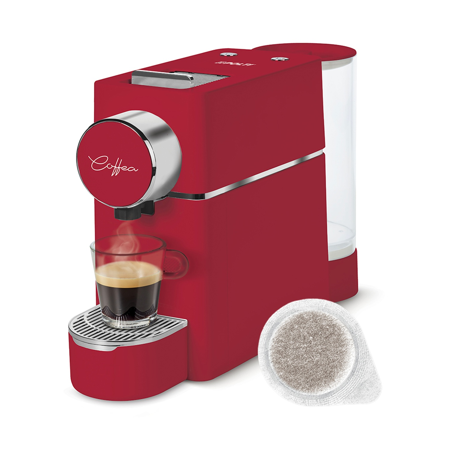 Macchina da caffè rossa con tazzina da espresso e cialde.