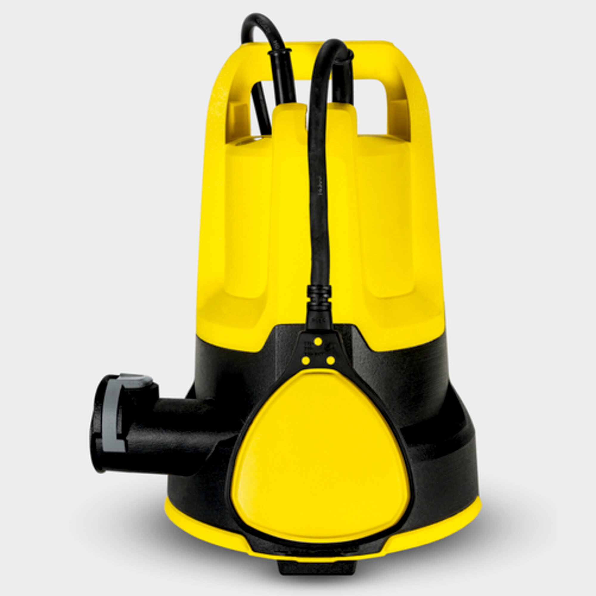 Żółto-czarna pompa zatapialna z kablem i uchwytem.