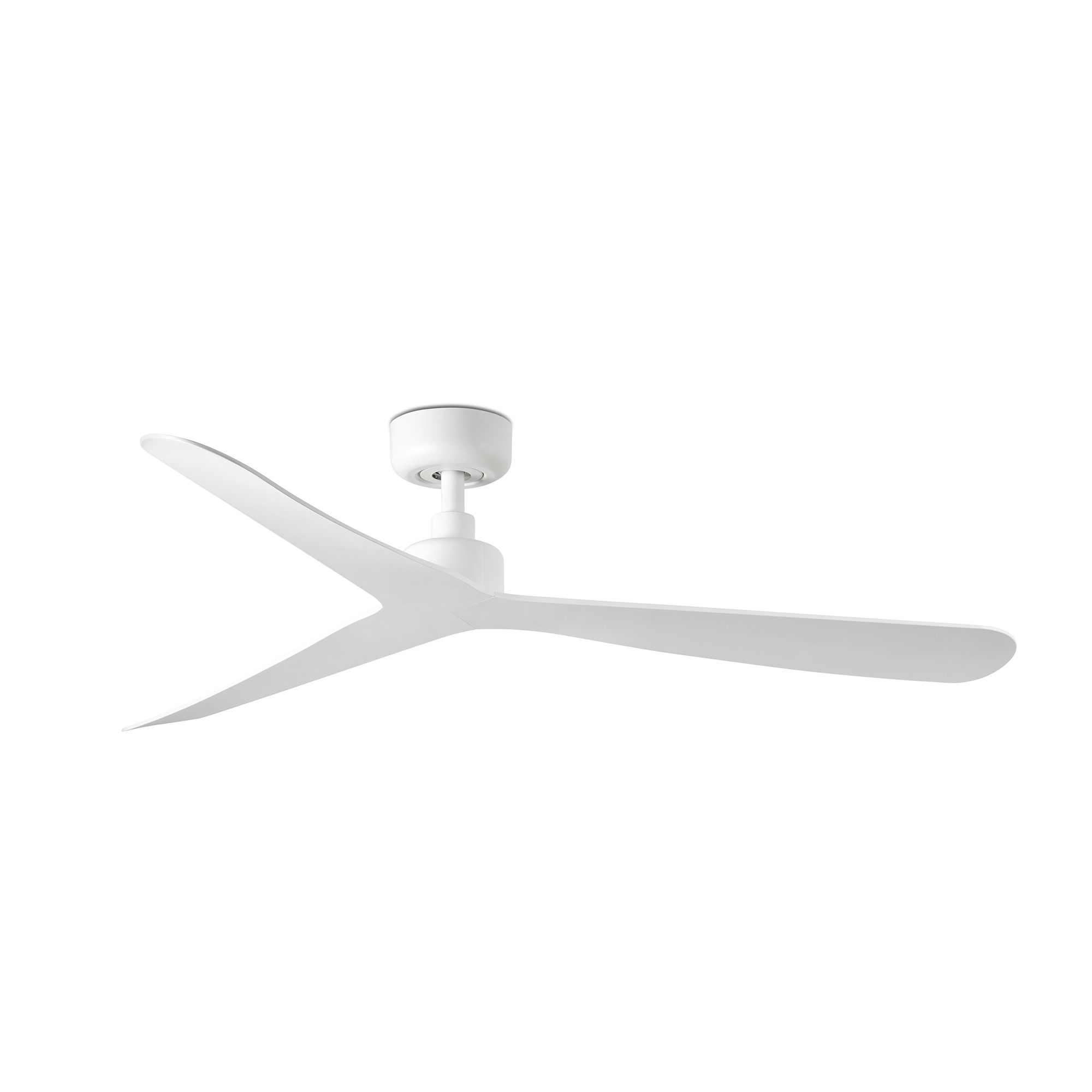 Un moderno ventilatore da soffitto bianco con tre pale eleganti su sfondo bianco.