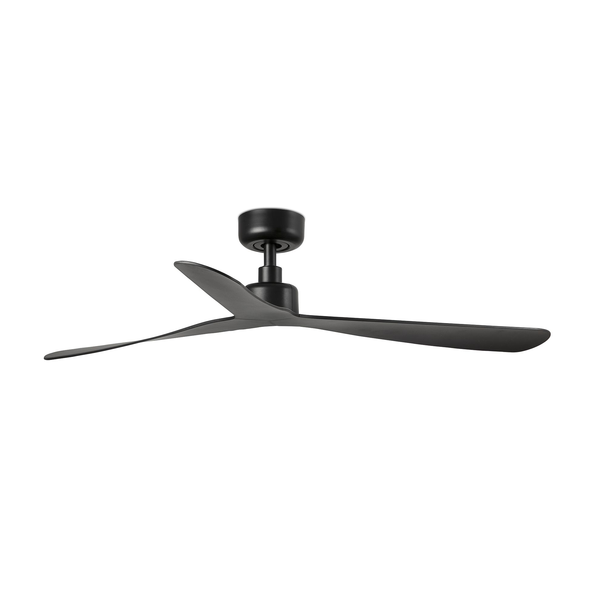 Un ventilatore da soffitto nero con tre pale elegantemente curve.