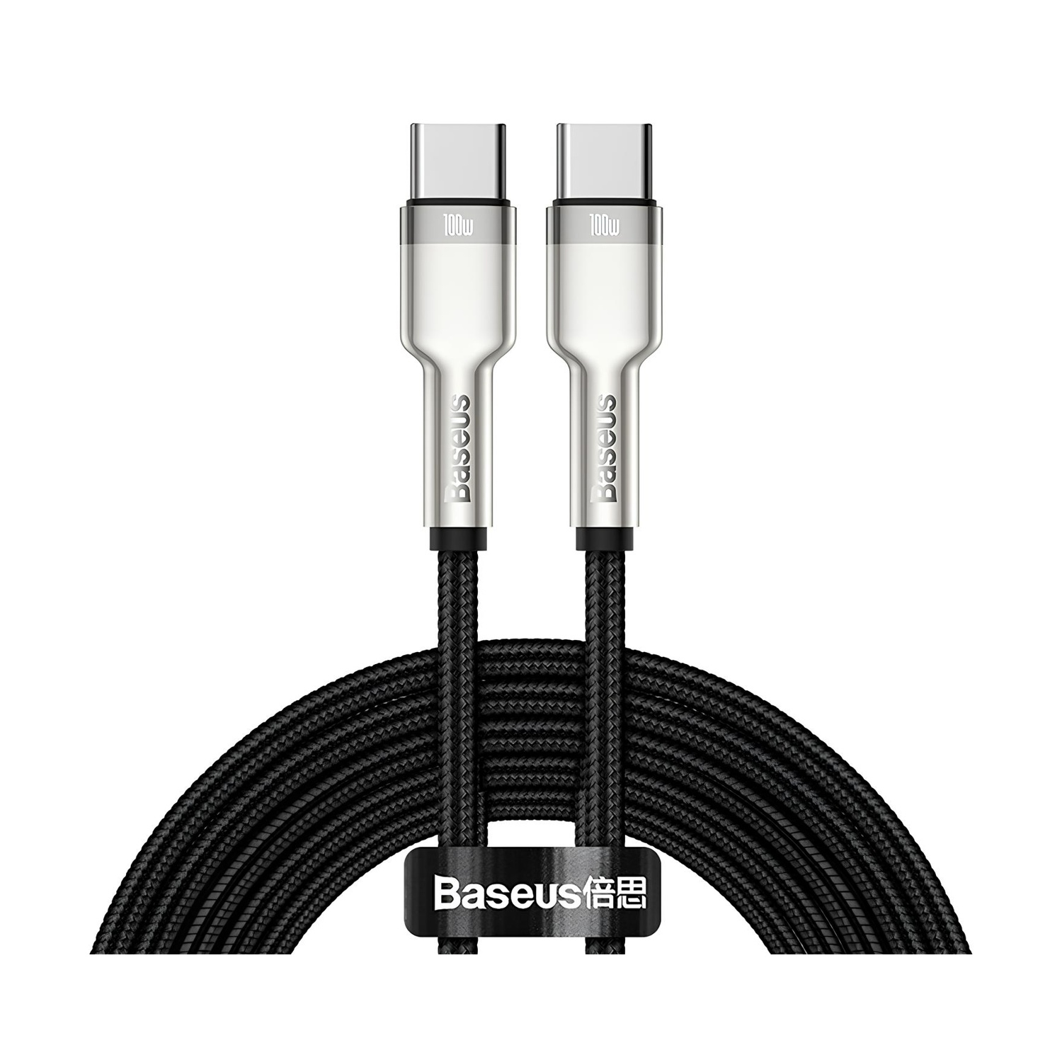 Due cavi USB-C bianchi con treccia nera e marcatura 100W.
