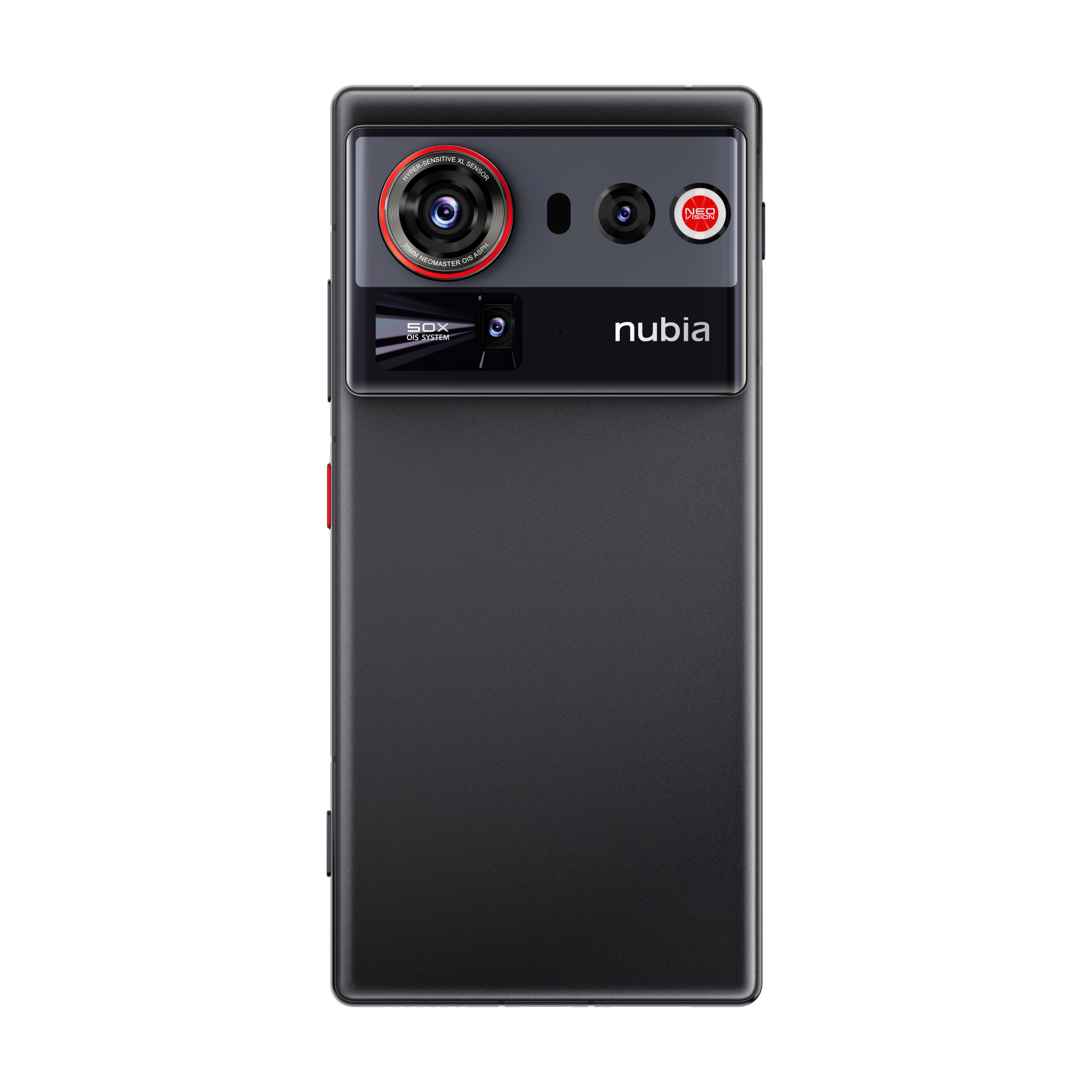 Dört kameralı siyah akıllı telefon, Nubia logosu.