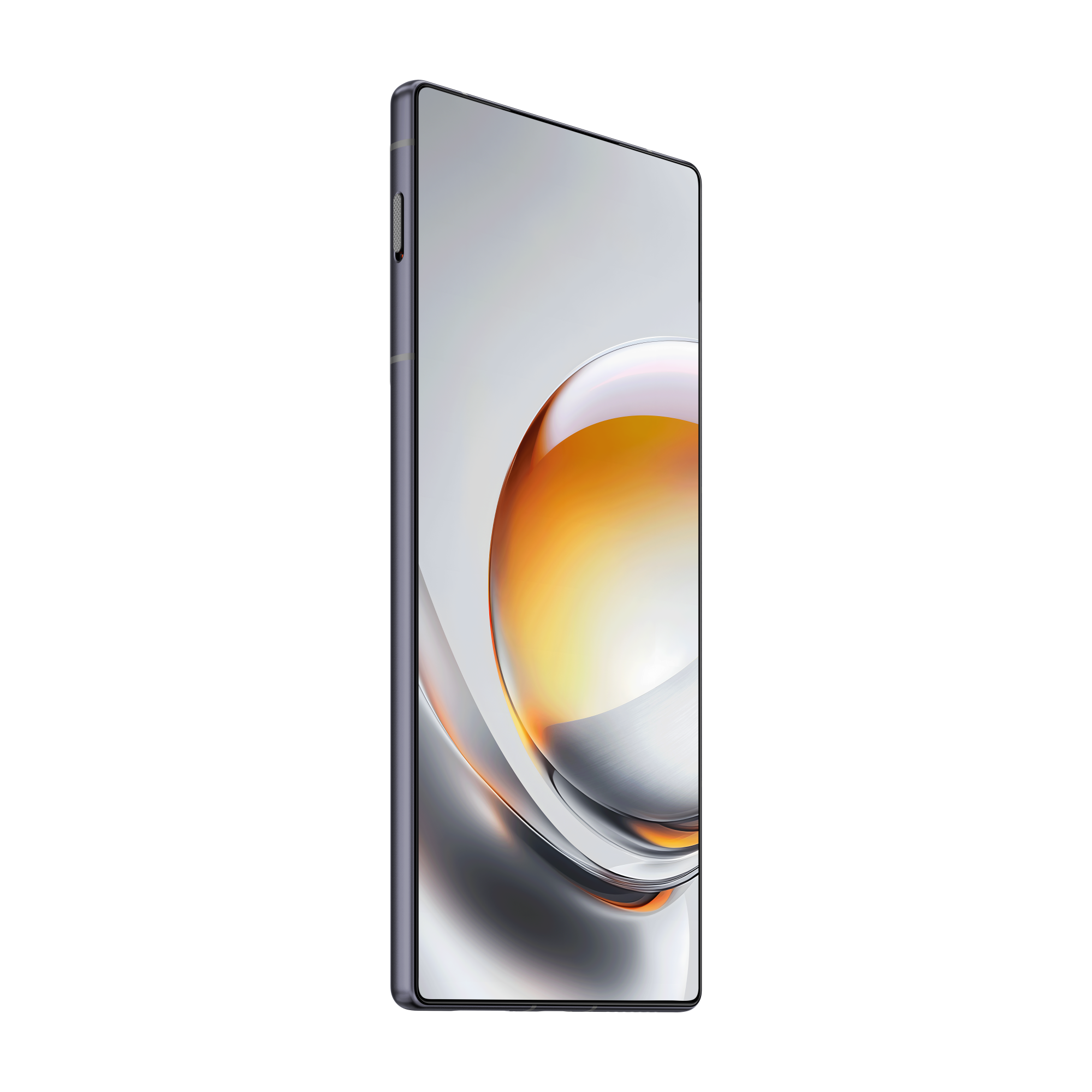 Modern bir akıllı telefon, turuncu ve gri tonlarda soyut, sıvı bir arka plan sergiliyor.