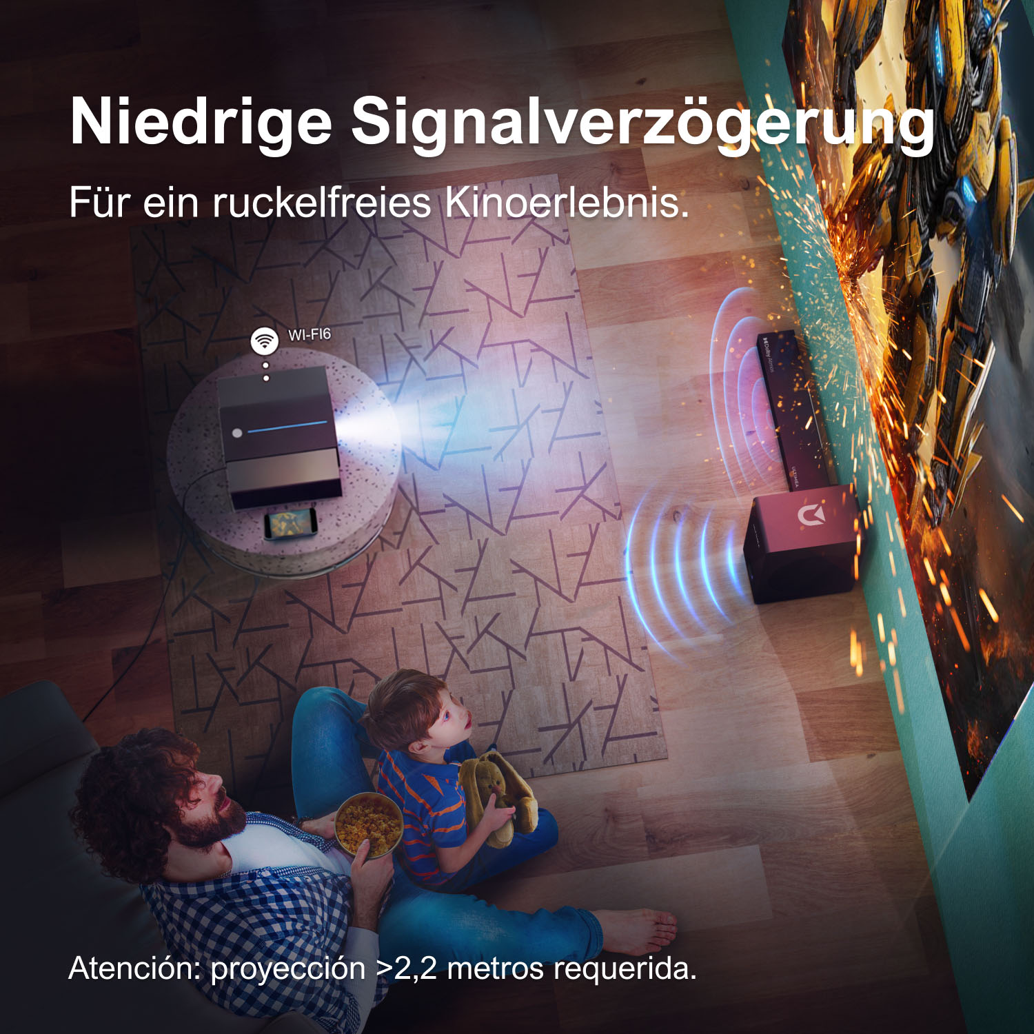 Mann und Kind schauen einen Film mit Projektor. Niedrige Signalverzögerung.
