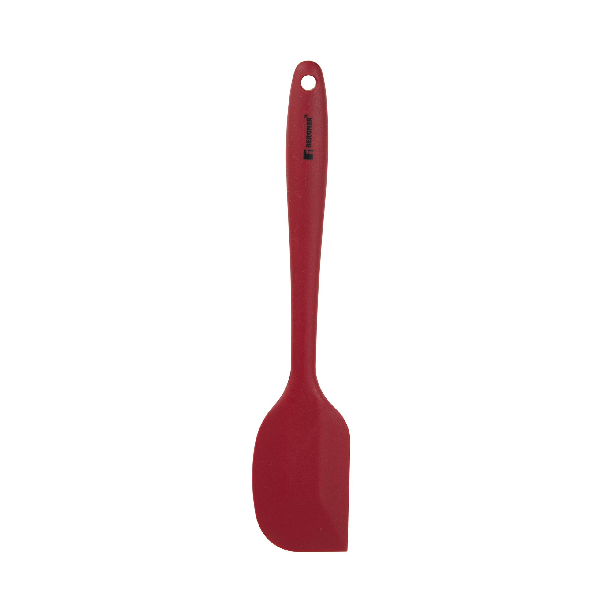 Una espátula de silicona roja con logo Bergner y agujero para colgar.