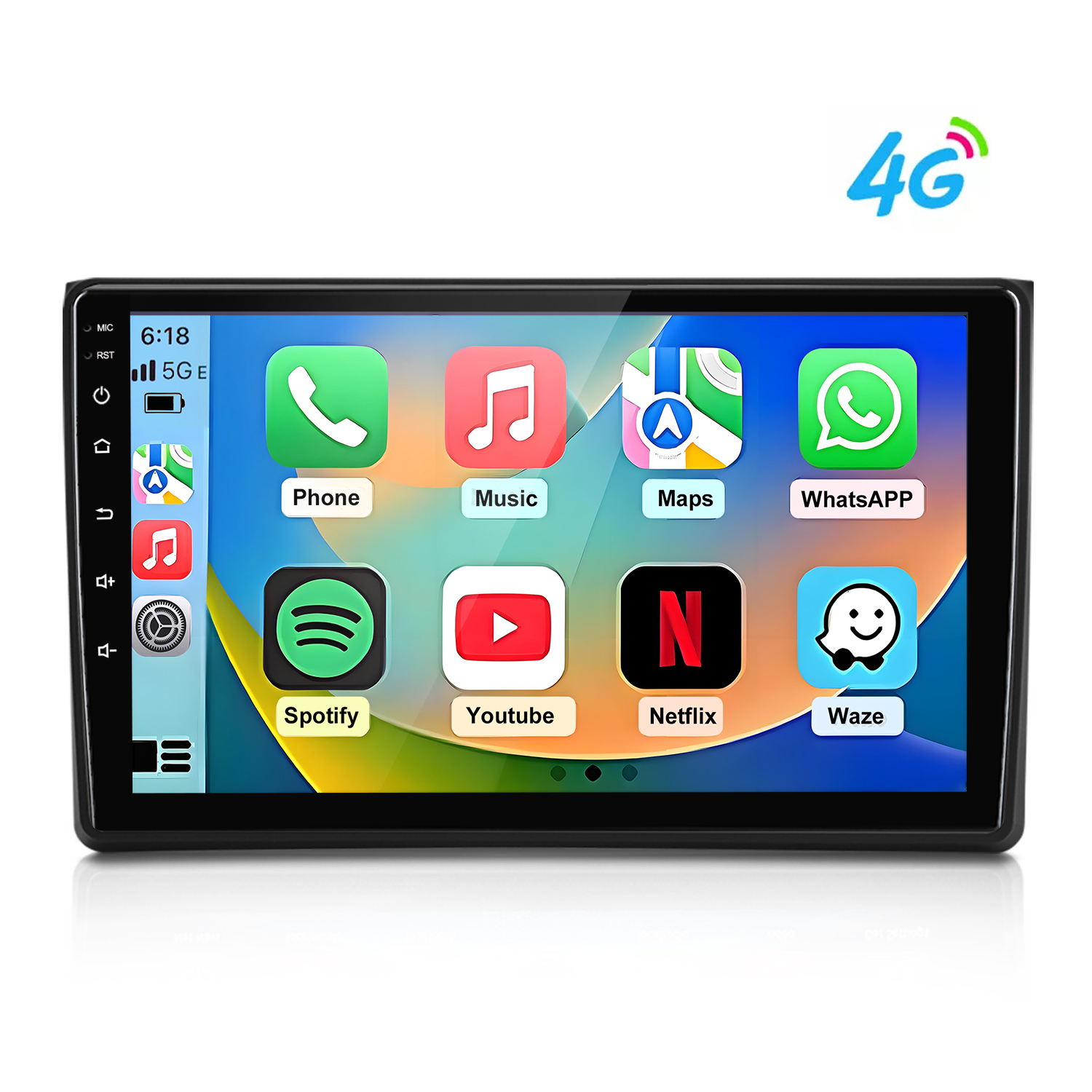 Ein Smartphone-Bildschirm mit App-Symbolen: Telefon, Musik, Karten, WhatsApp, Spotify, YouTube, Netflix, Waze.