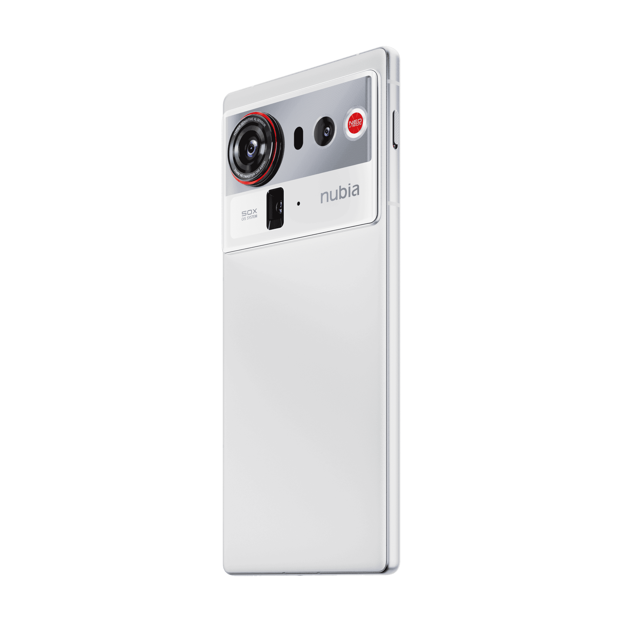 Kırmızı NEO-VISION logosuna sahip beyaz bir Nubia akıllı telefon.