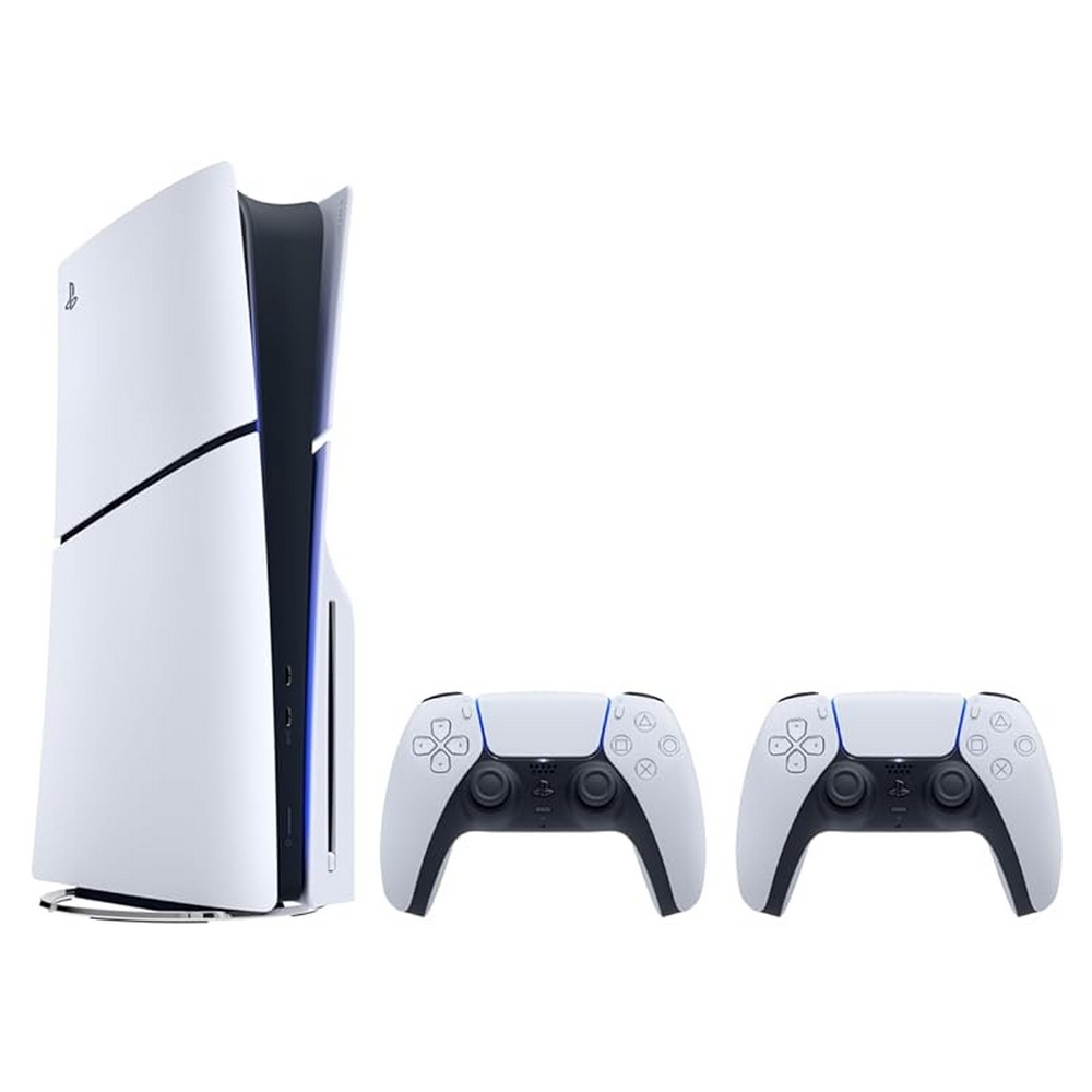 Biała konsola do gier z dwoma białymi kontrolerami.