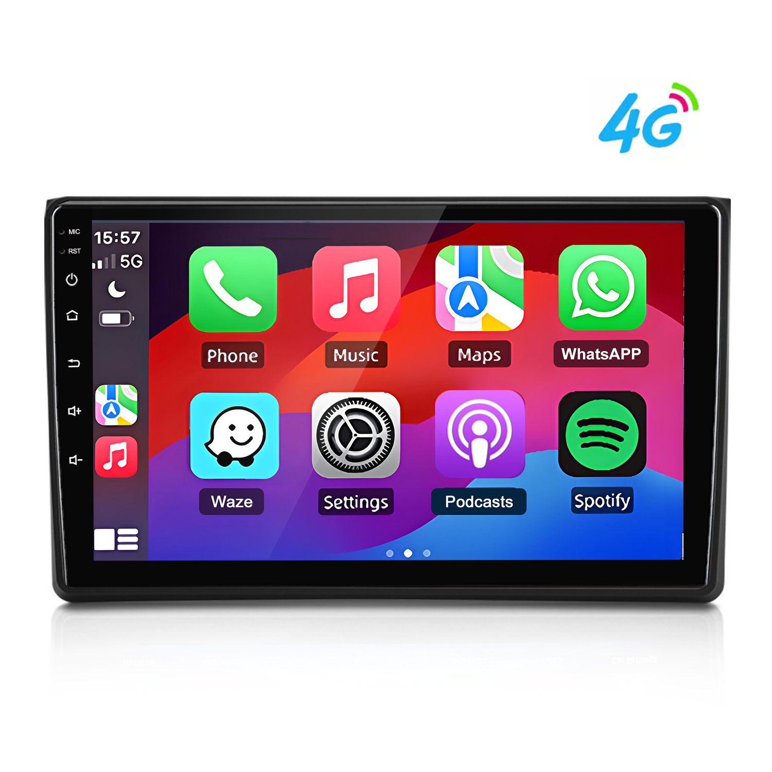 Ein Auto-Infotainment-Bildschirm mit Apps wie Telefon, Musik, Karten und WhatsApp.
