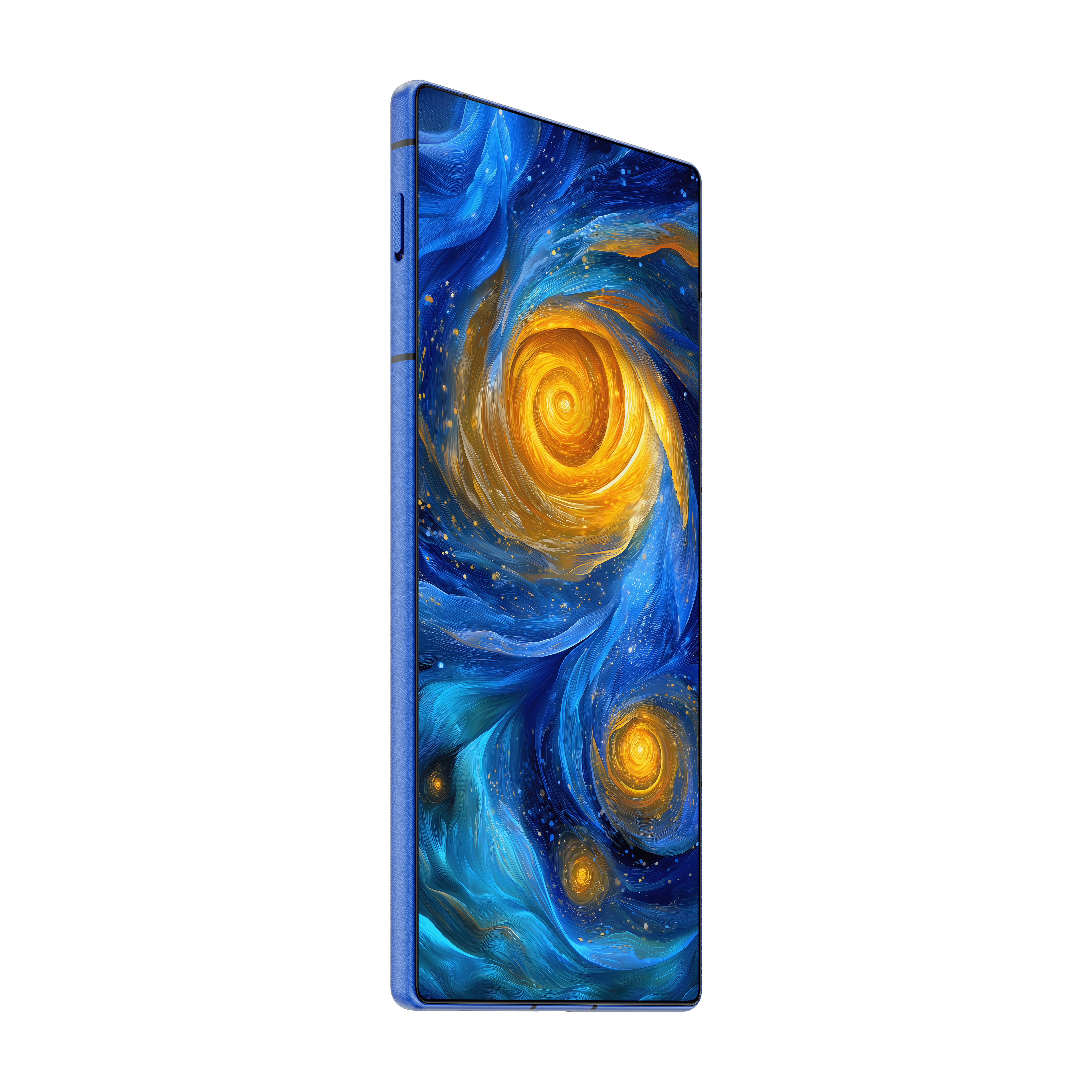 Ekranında sarı ve mavi girdap desenli mavi akıllı telefon.