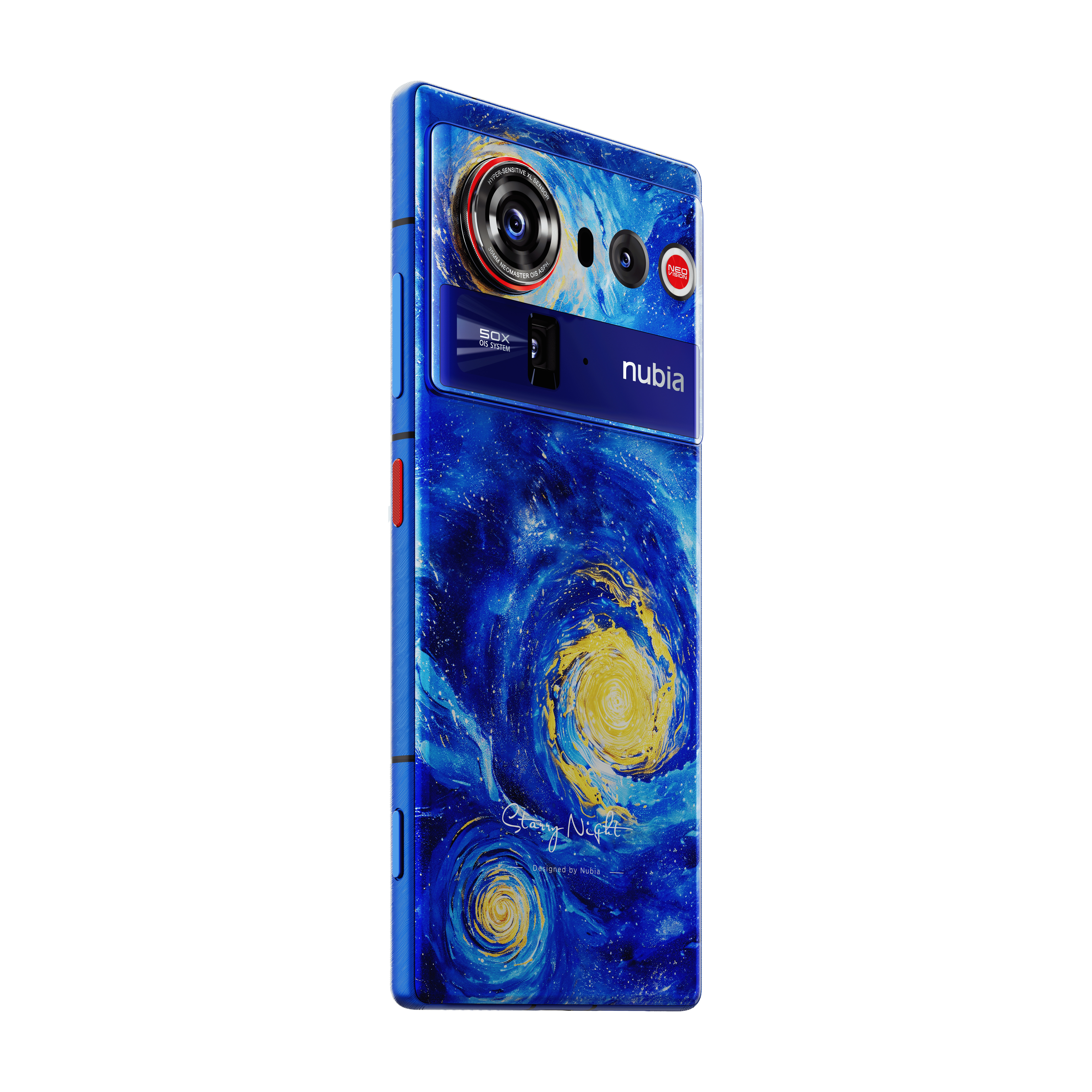 Yıldızlı Gece tasarımlı mavi akıllı telefon ve kamera modülü.