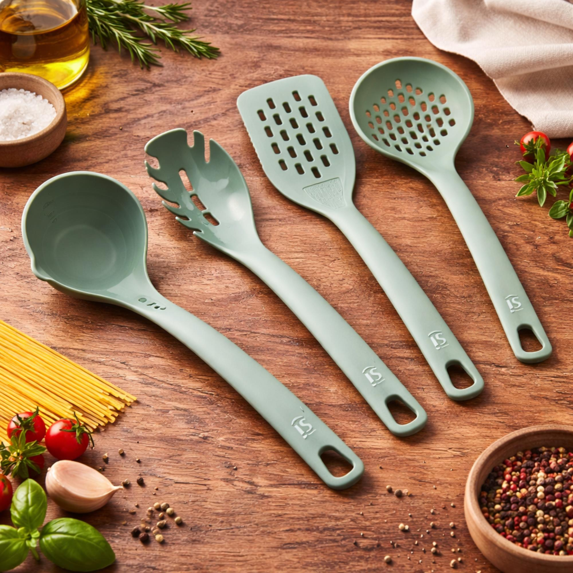 Utensilios de cocina verdes e ingredientes para pasta en mesa madera.