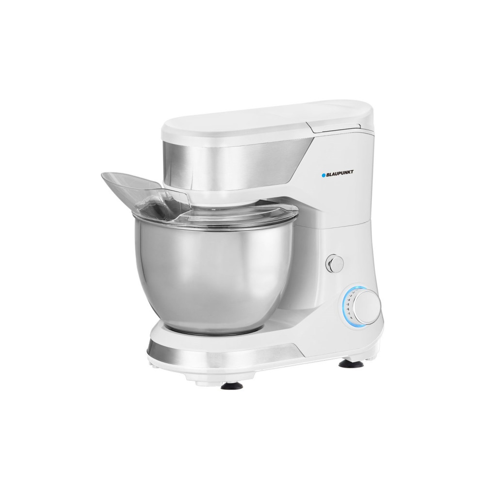 Un robot da cucina bianco con ciotola in acciaio inox e paraspruzzi.