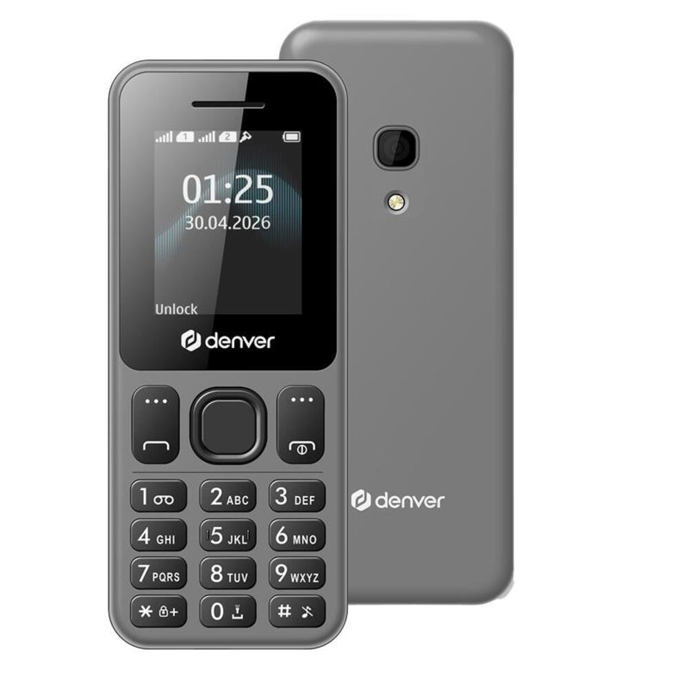 Téléphone portable Denver gris avec clavier, appareil photo et heure 01:25.