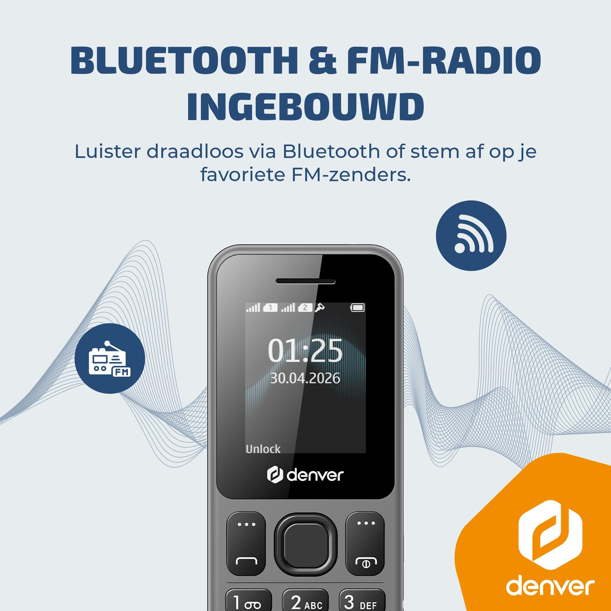 Un téléphone Denver avec Bluetooth et radio FM, affichant 01:25, 30.04.2026.