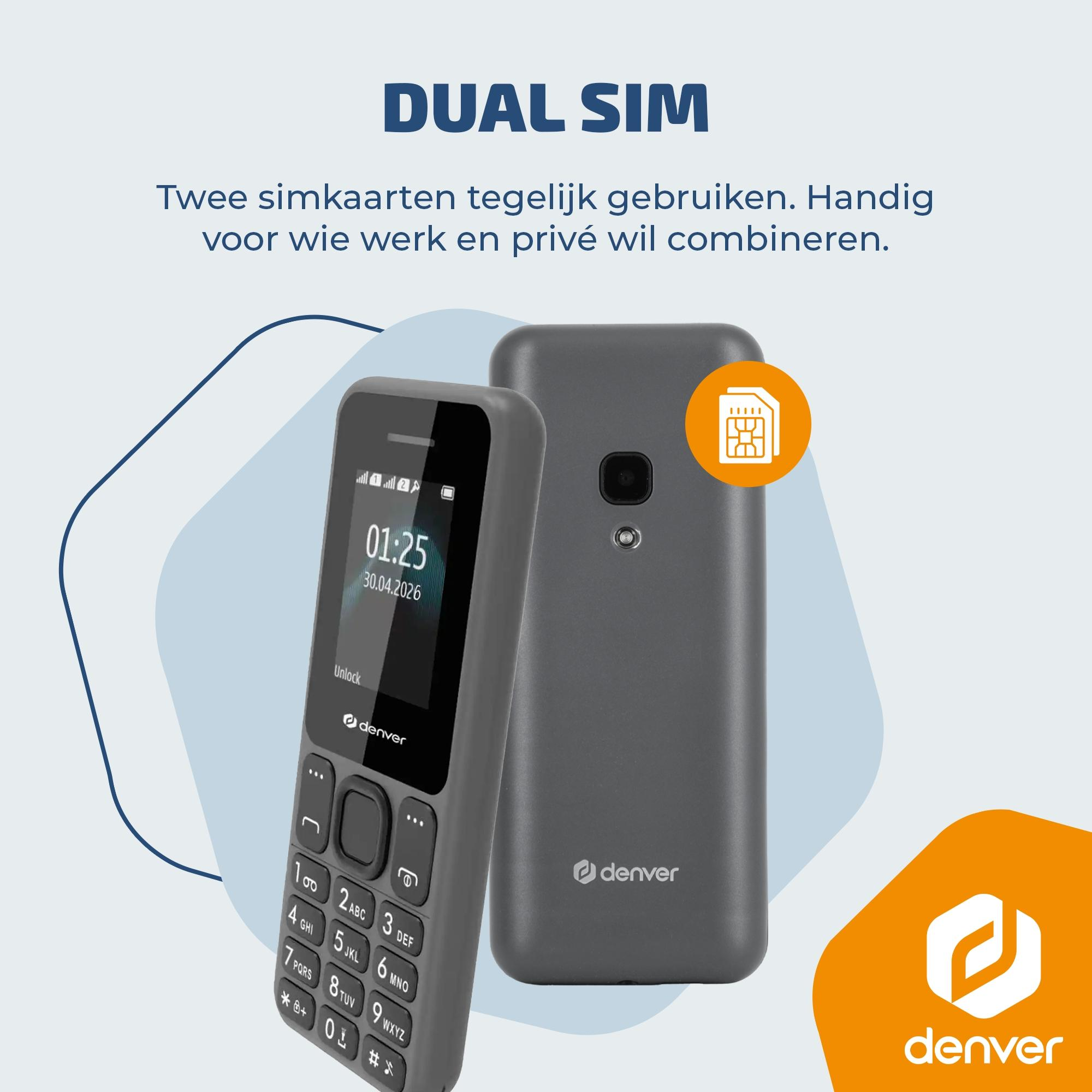 Deux téléphones gris Denver Dual SIM côte à côte, l'un affichant l'heure.