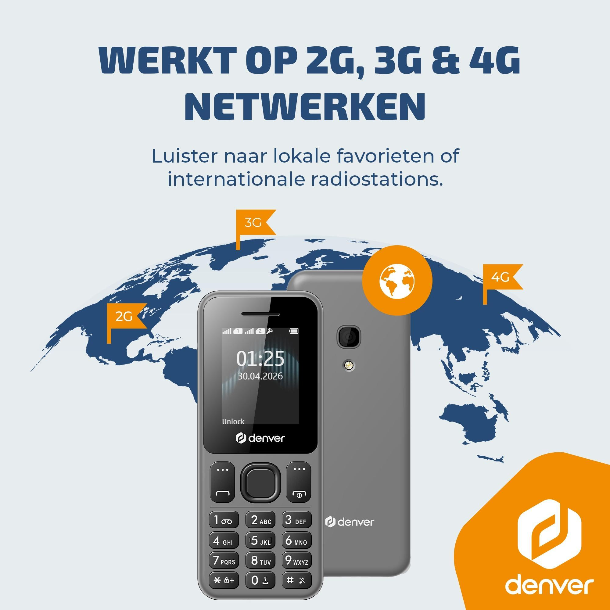 Un téléphone portable Denver sur une carte du monde, compatible 2G, 3G et 4G.