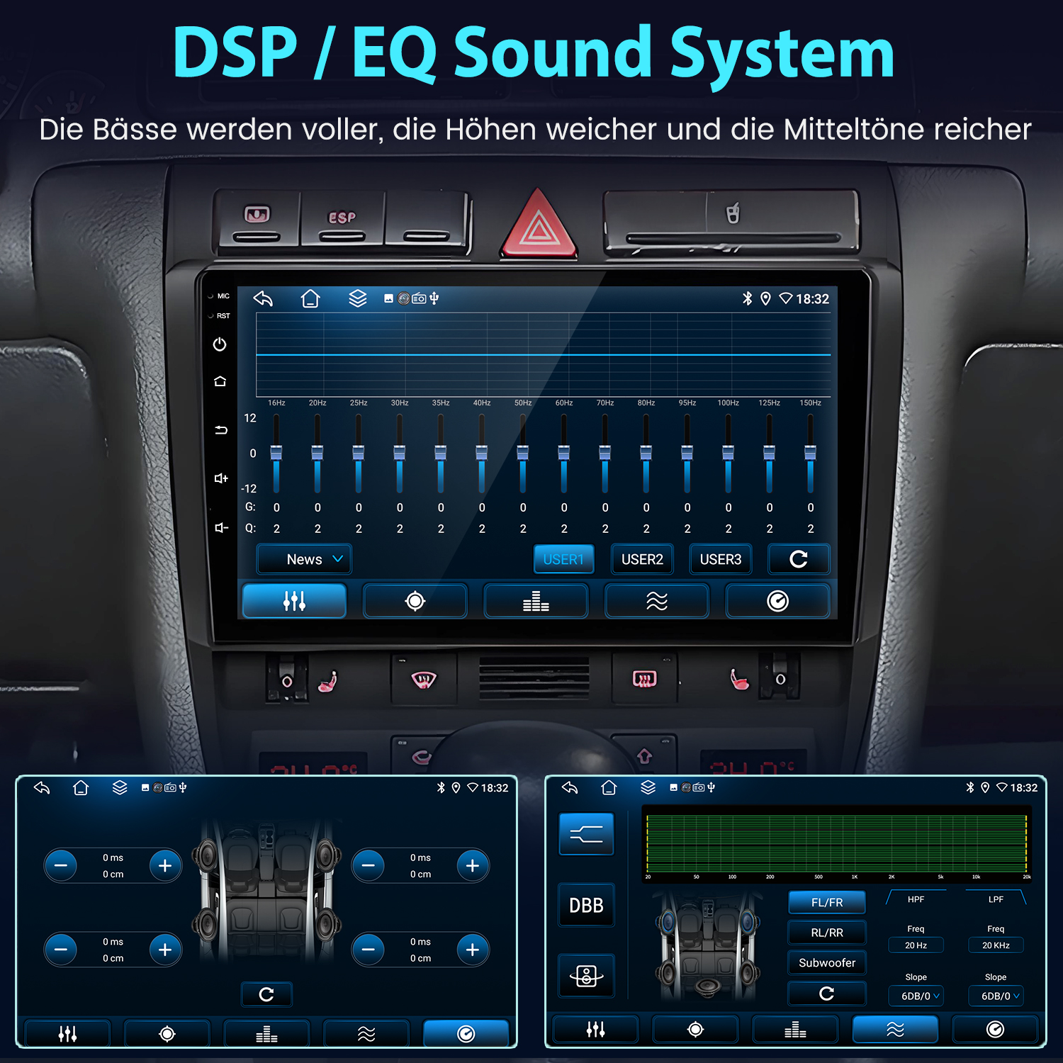 Armaturenbrett eines Autos mit einem Touchscreen-Display, das ein DSP/EQ-Soundsystem zeigt.