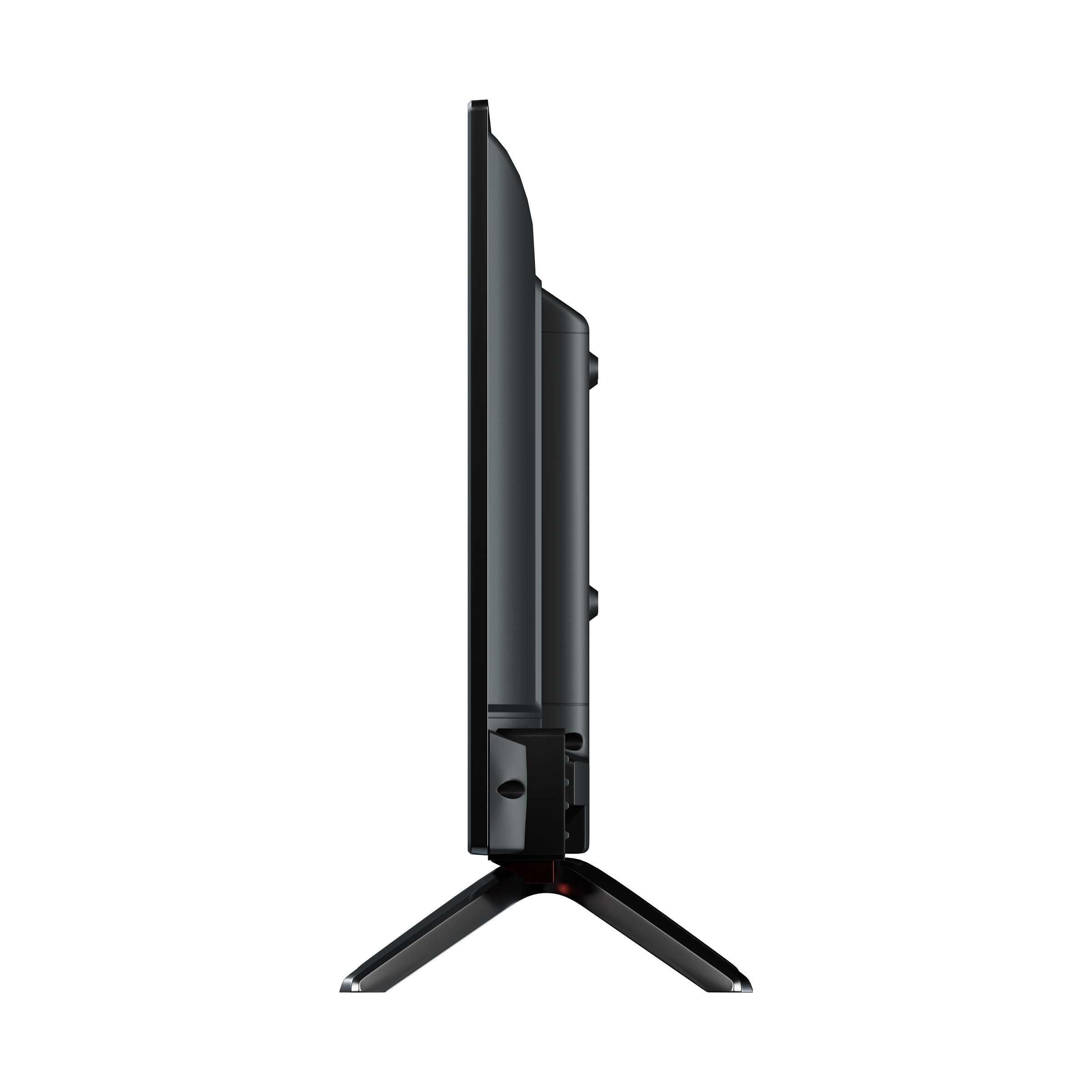 Televisor negro con soporte, vista lateral.