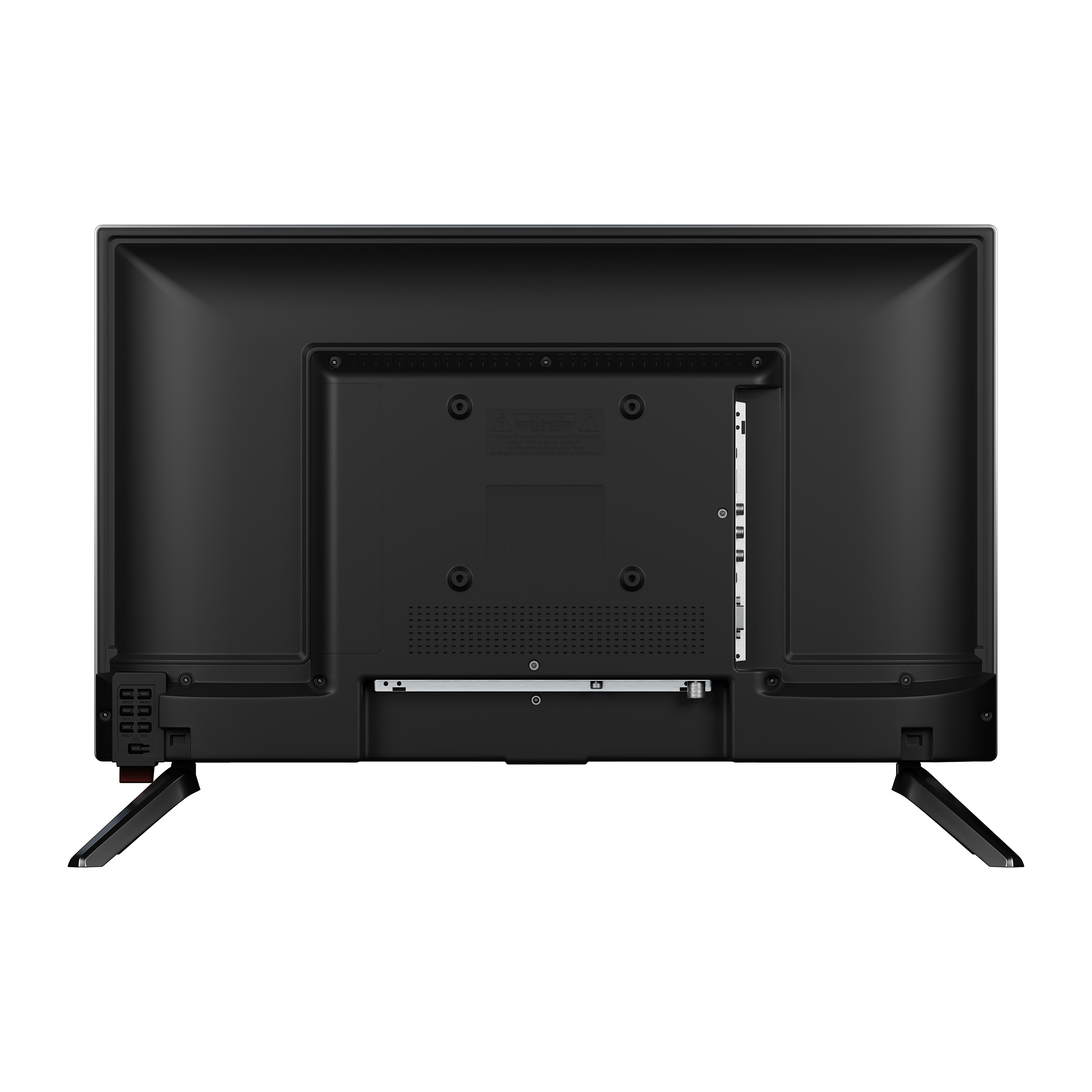 Parte trasera de un televisor negro con pies y puertos visibles.
