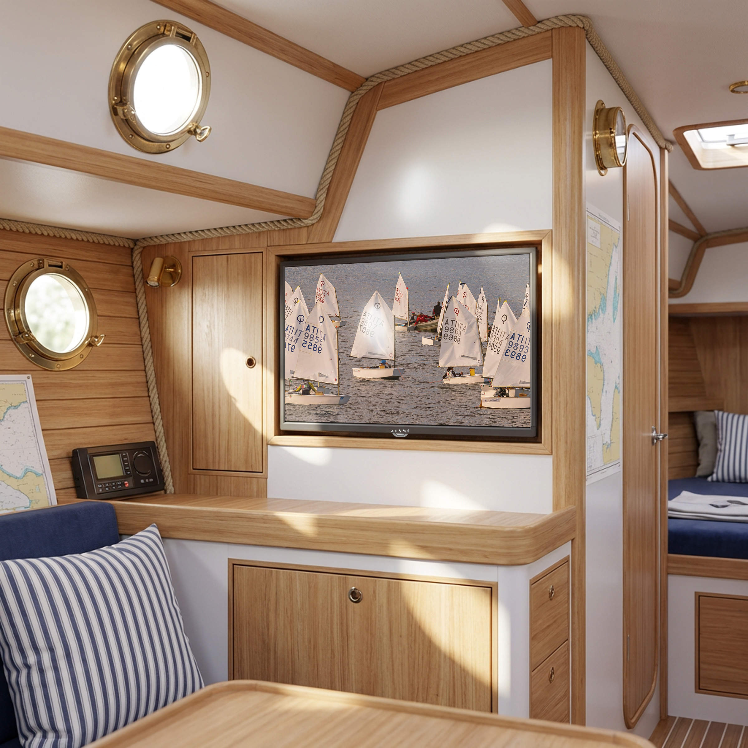 Interior de un yate con TV mostrando regata de veleros.