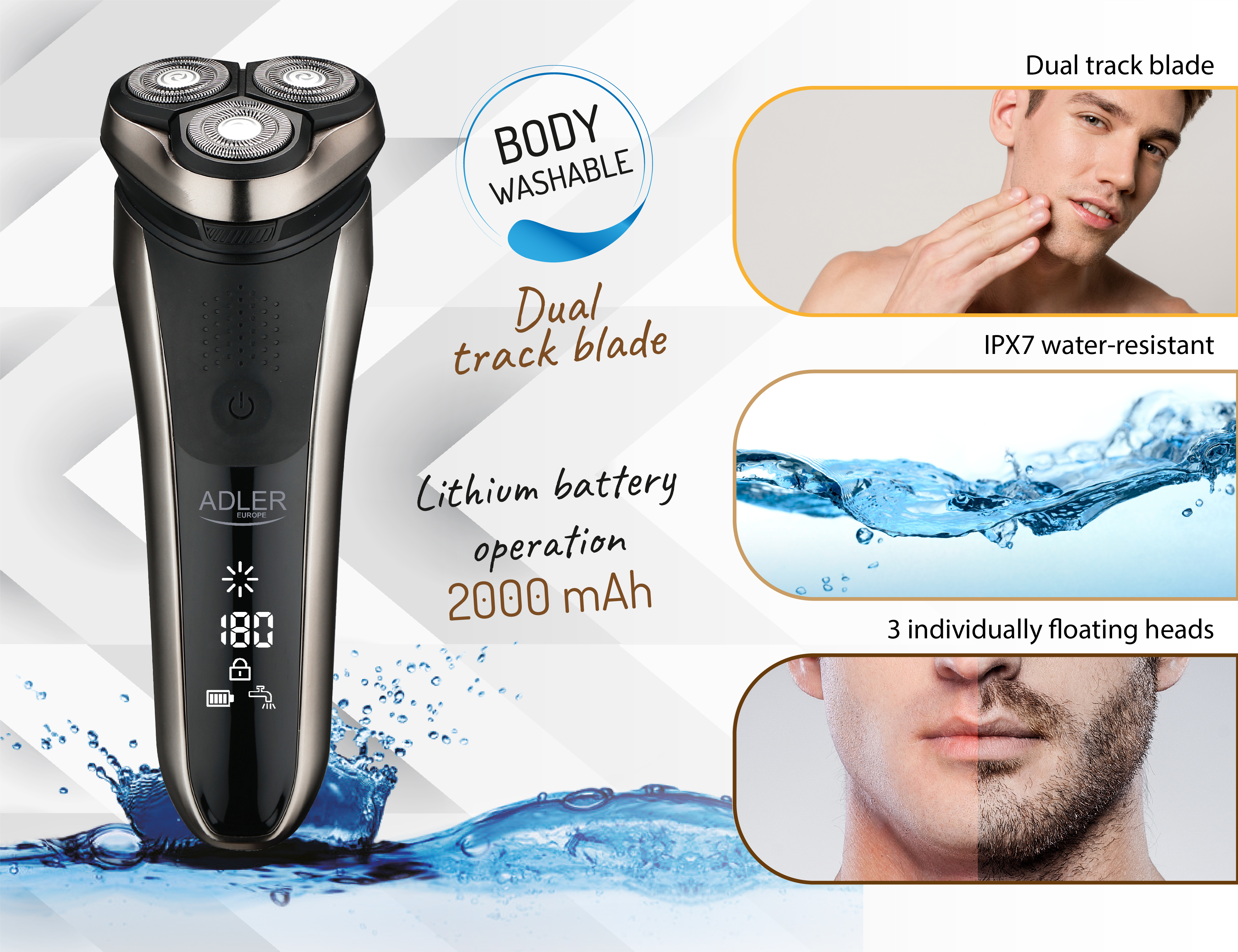 Golarka elektryczna z trzema głowicami tnącymi i efektem rozpryskującej wody.