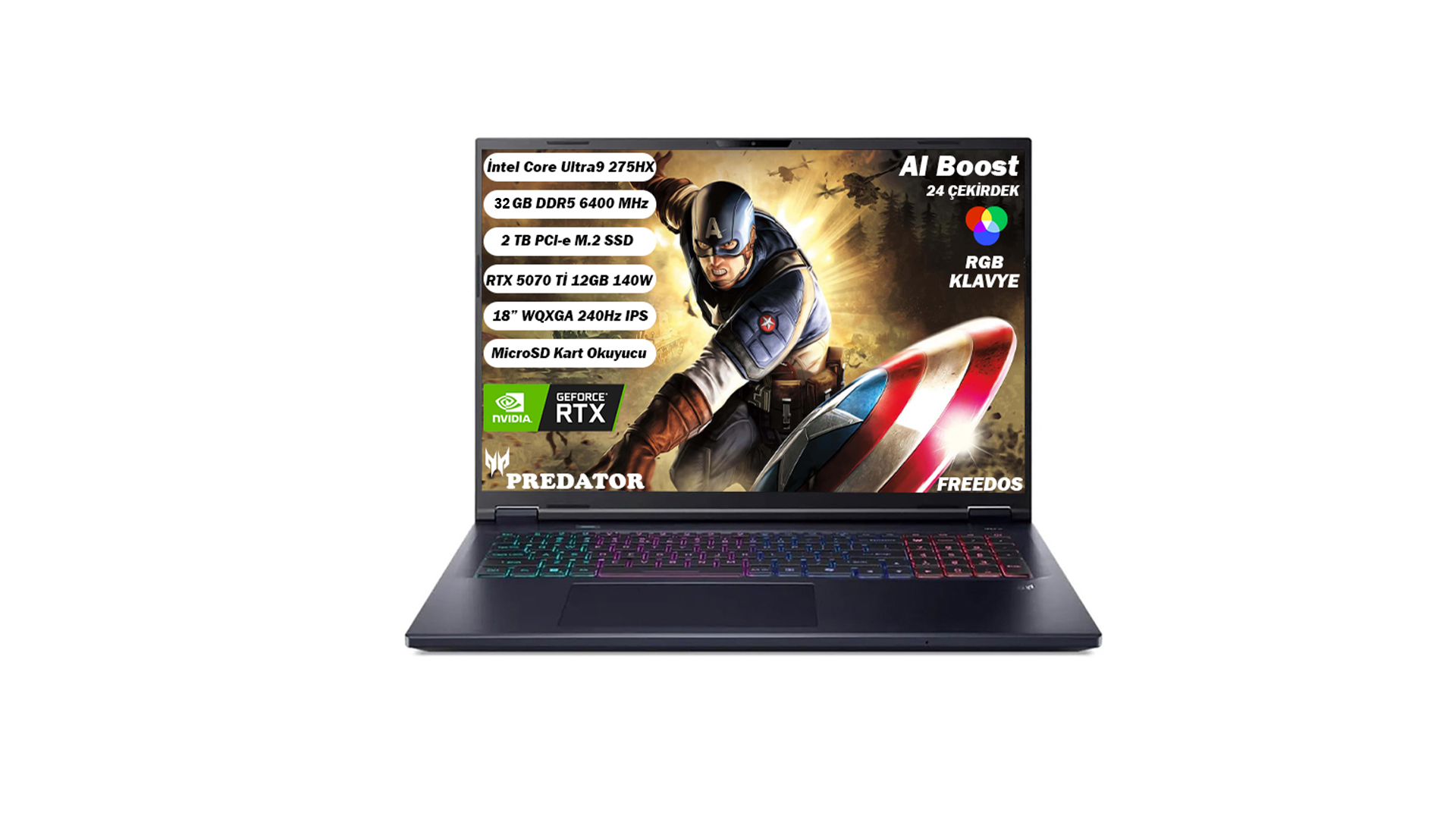 ACER Predator PHN18-72 RTX 5070 Ti WQXGA IPS 240 Hz NH.QVMEY.00 Intel® Core™ Ultra 9 275HX 32 GB RAM 1 TB SSD 18 inç FreeDOS Laptop Black