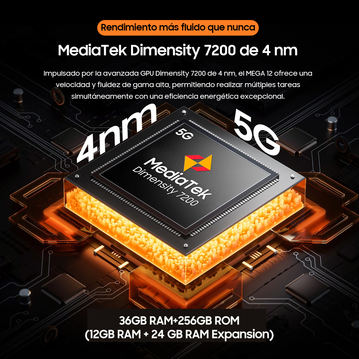 Chip MediaTek Dimensity 7200 con 4nm, 5G, 36GB RAM+256GB ROM.