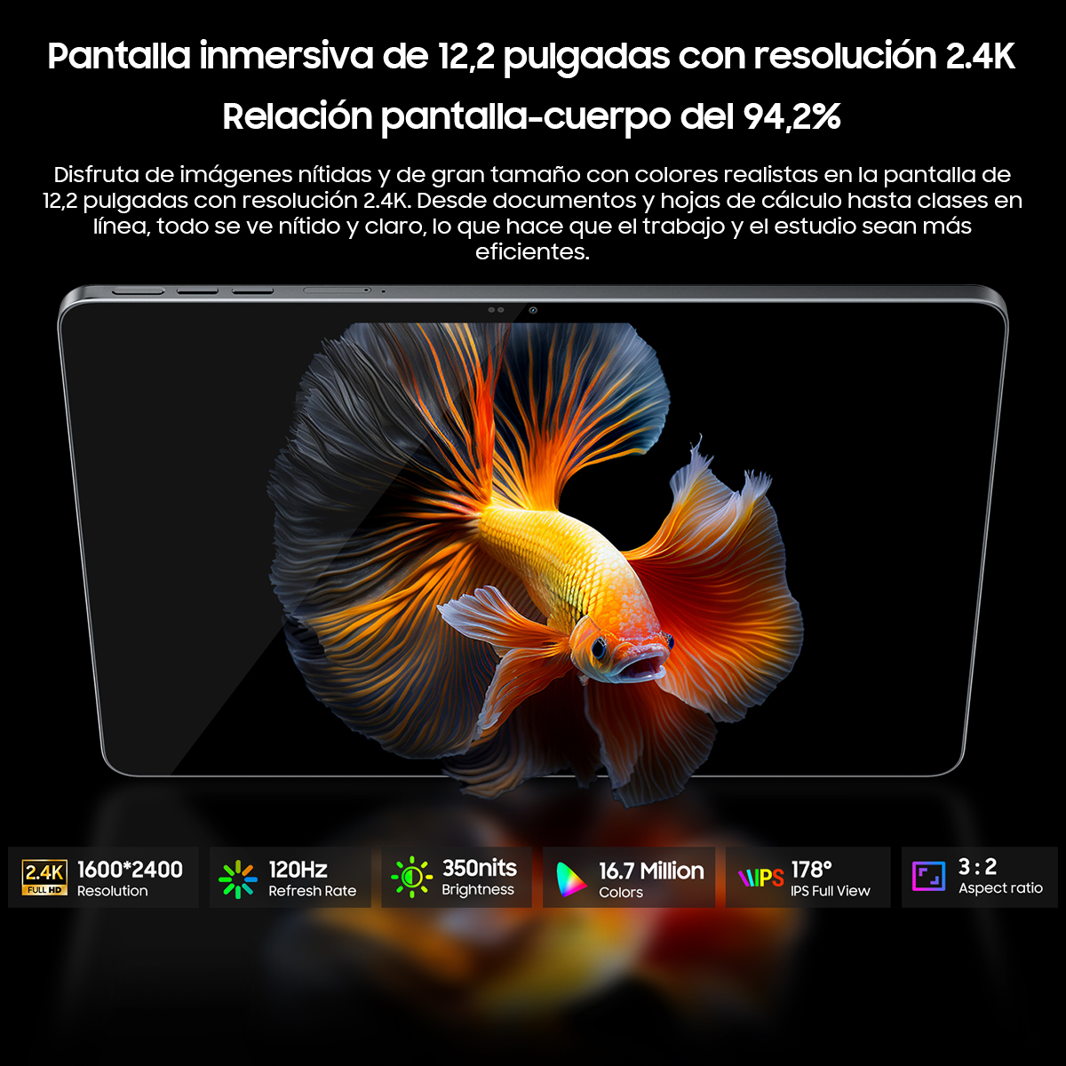 Un vibrante pez betta con aletas naranjas y amarillas en la pantalla de una tablet.