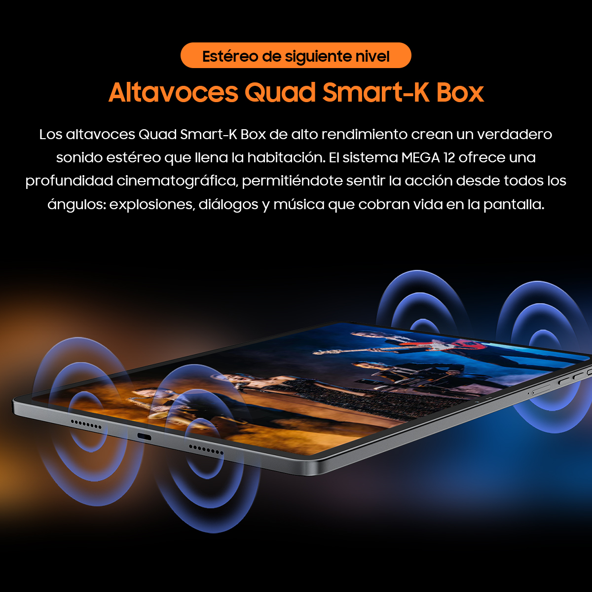 Una tableta con imagen de concierto, rodeada de ondas sonoras azules.