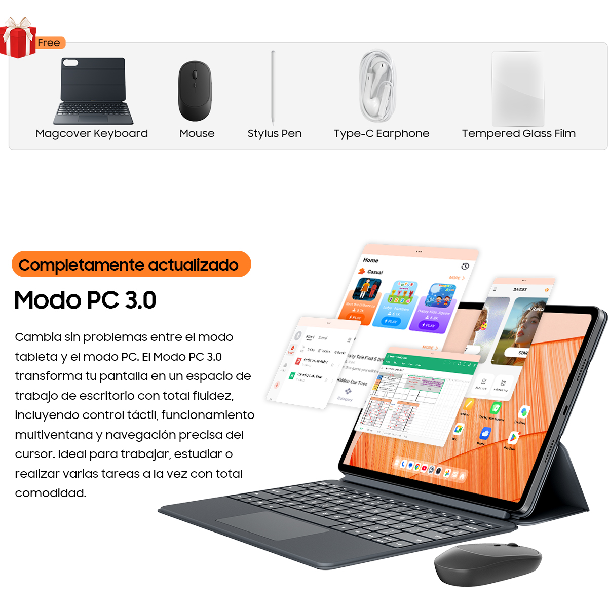 Una tablet con teclado, ratón, lápiz, auriculares y protector de pantalla.