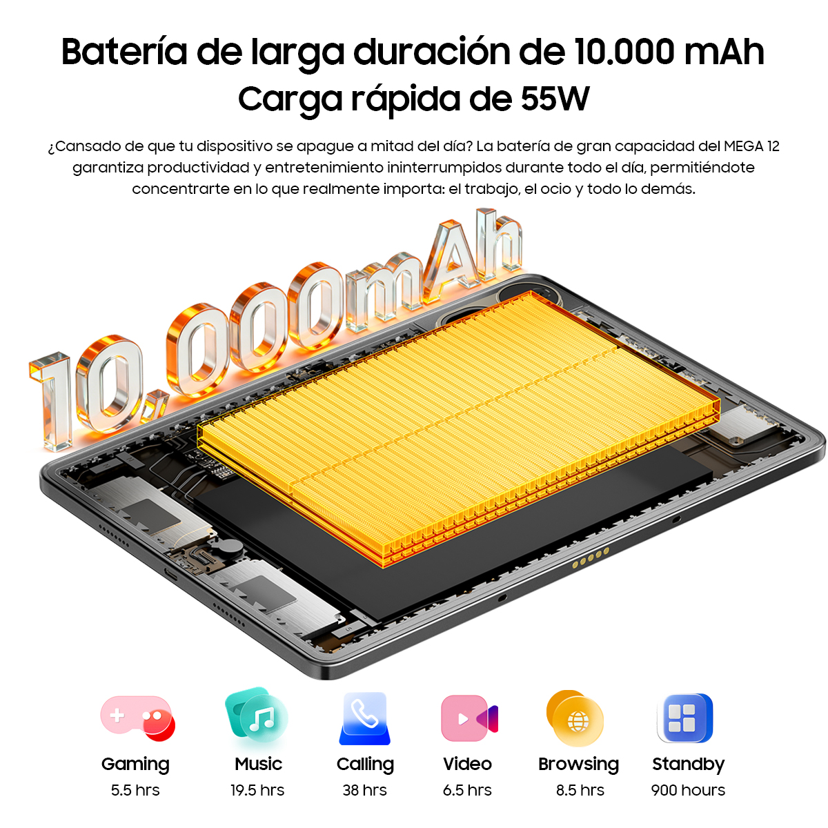 Tablet con batería de 10.000 mAh y carga rápida de 55W, muestra duraciones.