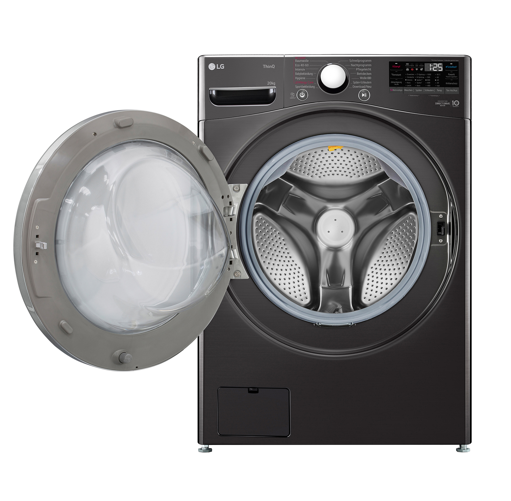 Eine dunkle LG Waschmaschine mit geöffneter Tür und Trommel.