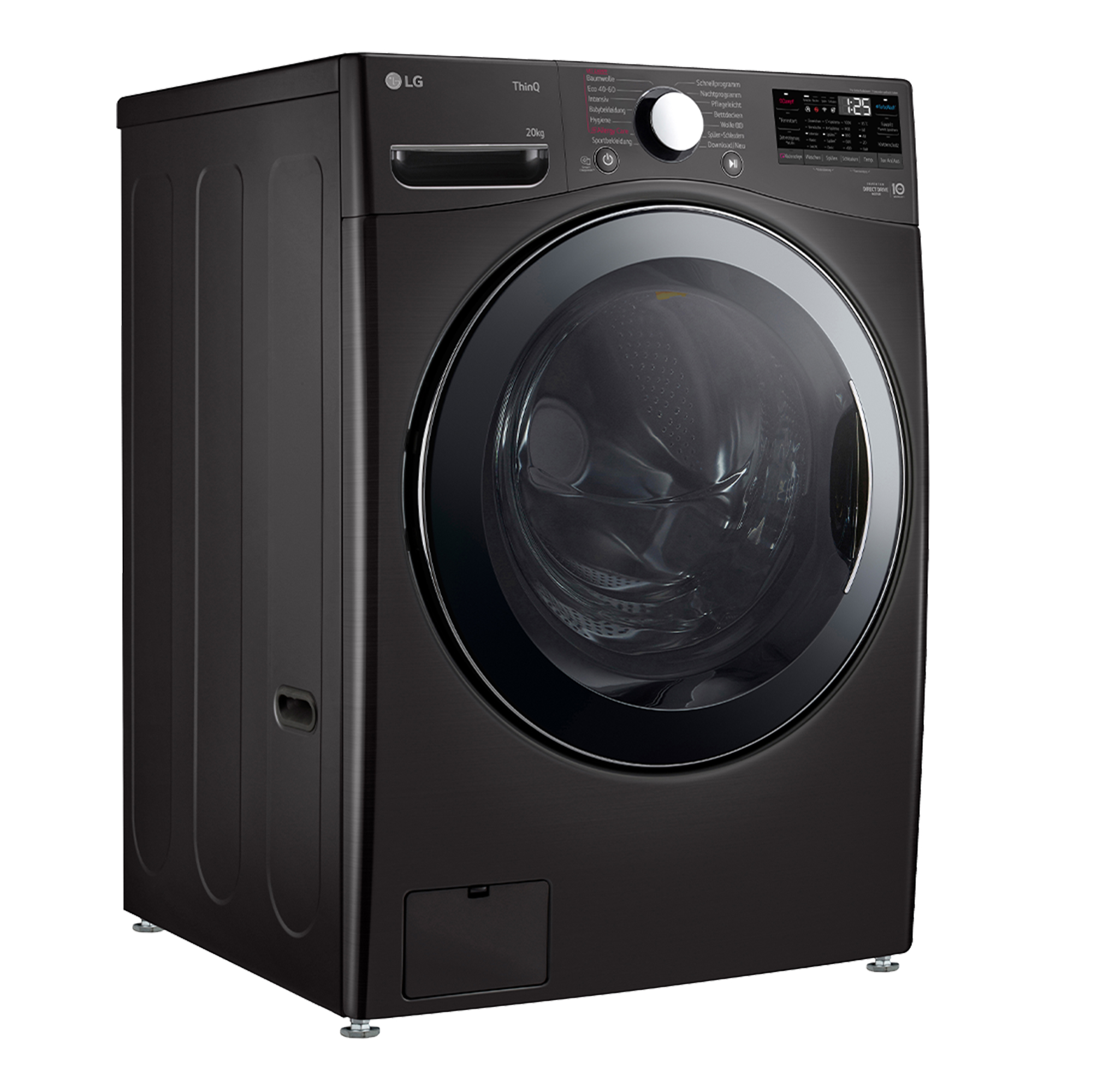 Schwarze LG Waschmaschine mit Frontlader und digitaler Anzeige. Links ist eine Schublade.