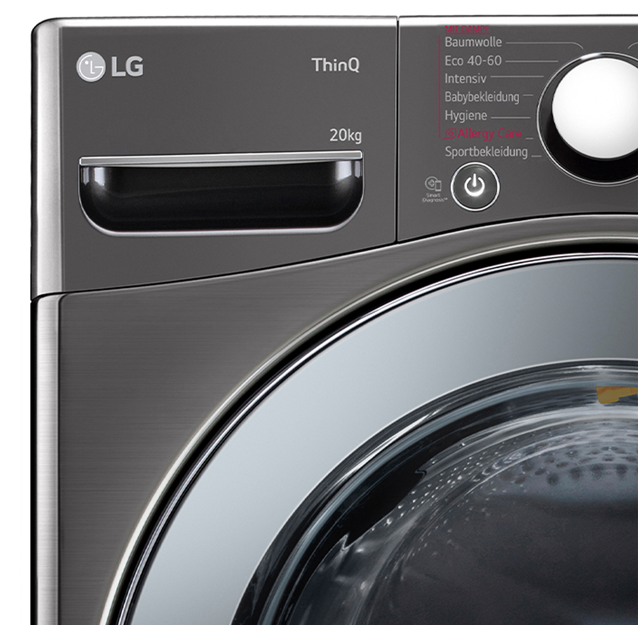 Graue LG Waschmaschine mit Bedienfeld und Trommel. Programme sind aufgelistet.