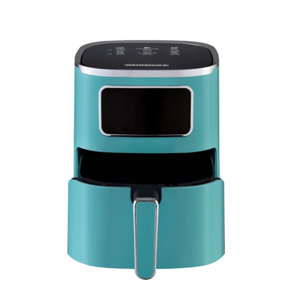 Turkusowa frytkownica powietrzna z czarnym panelem sterowania i uchwytem.