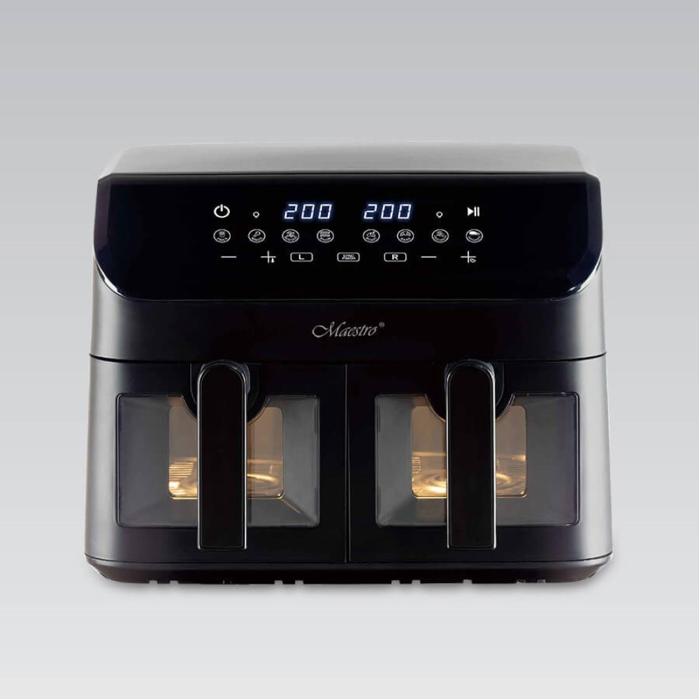 Czarna frytkownica beztłuszczowa z dwoma szufladami i cyfrowym wyświetlaczem.