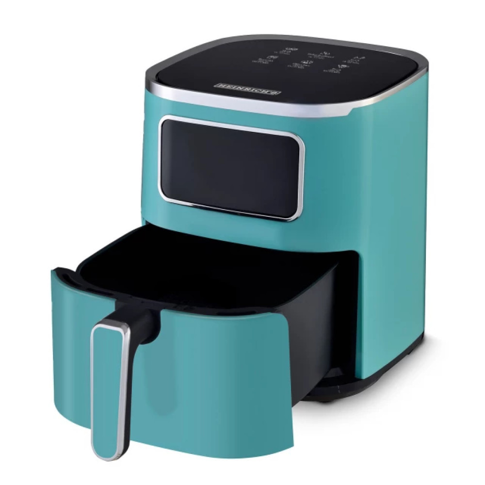 Turkusowa frytkownica beztłuszczowa z czarnym koszem i panelem sterowania.