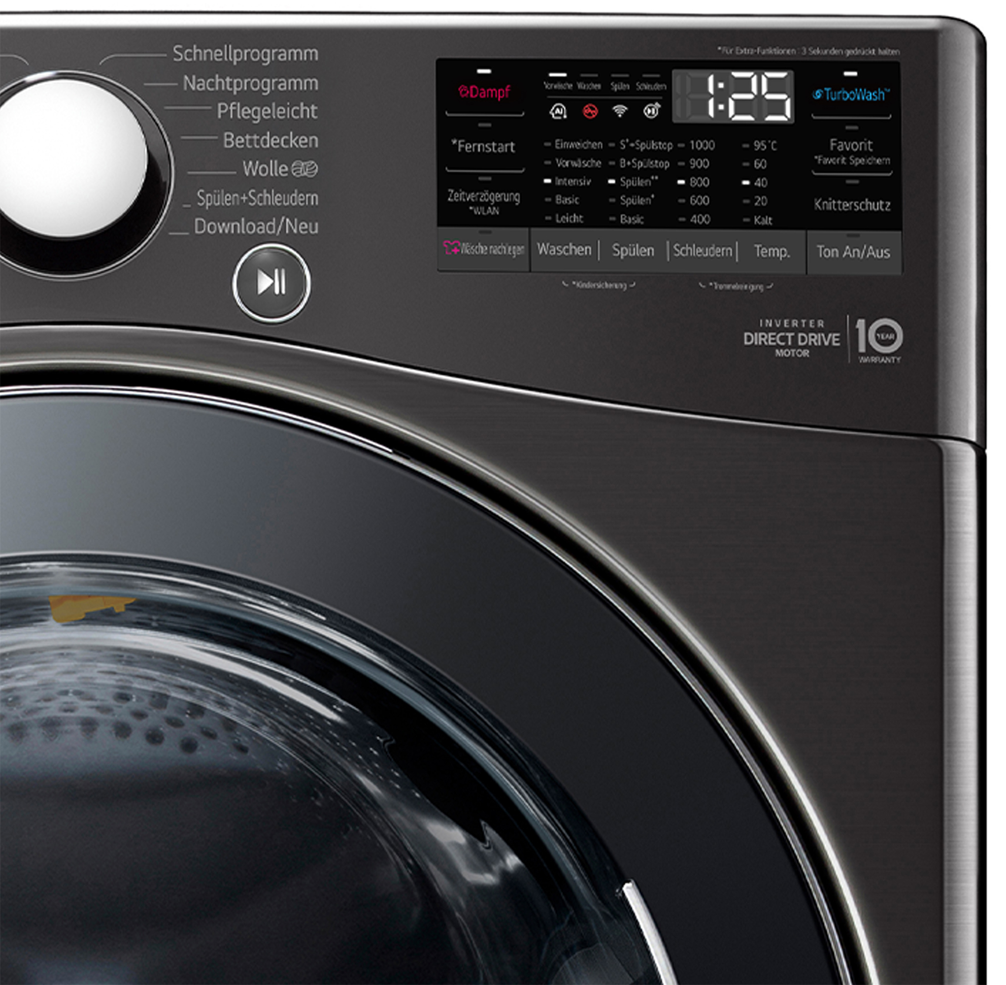 Dunkelgraue Waschmaschine mit digitaler Anzeige, Drehregler und Programmtasten.