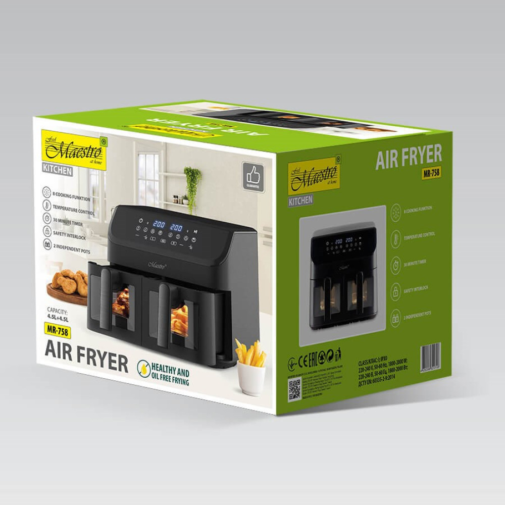 Opakowanie frytkownicy Maestro z wizerunkiem produktu i detalami.