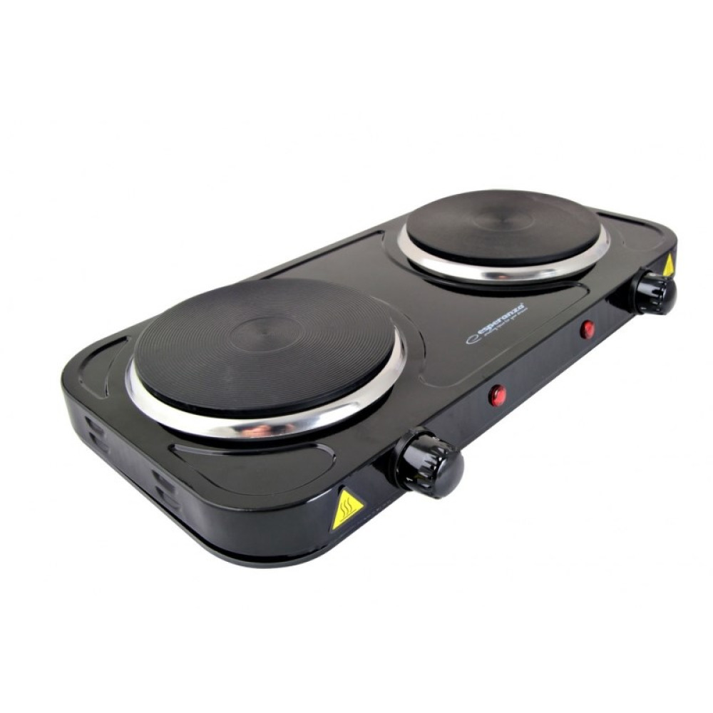 Czarna podwójna płyta grzewcza z dwoma okrągłymi grzałkami i pokrętłami.